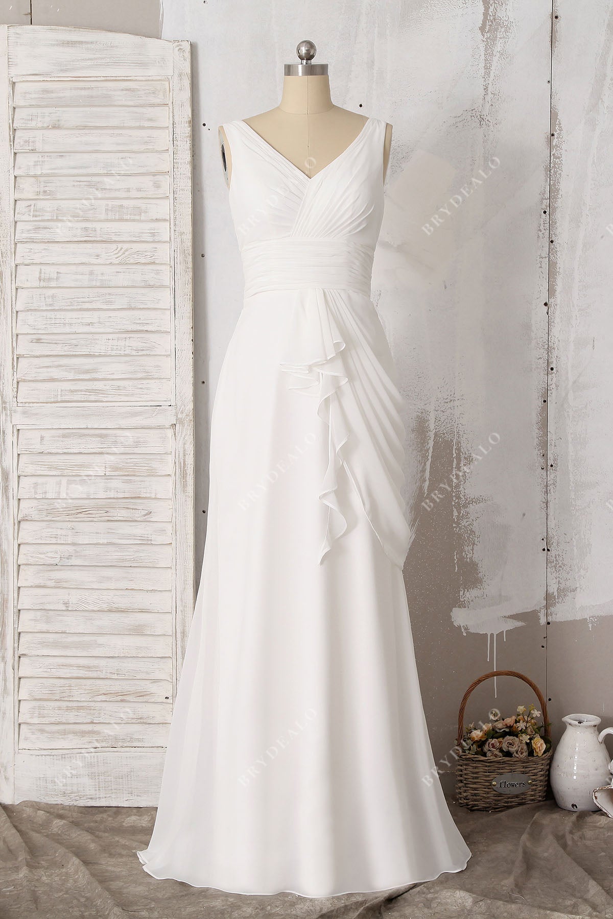 V-neck Sleeveless Chiffon Draped Grecian  Wedding Dress