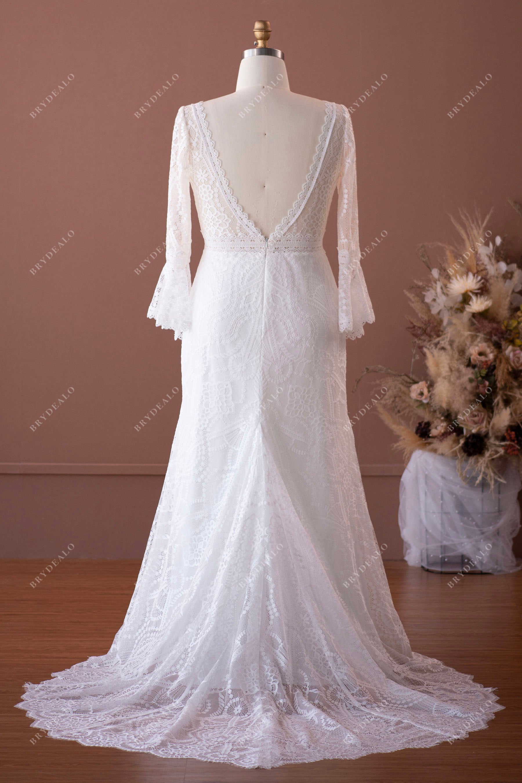 scalloped V-back court train beach wedding gown