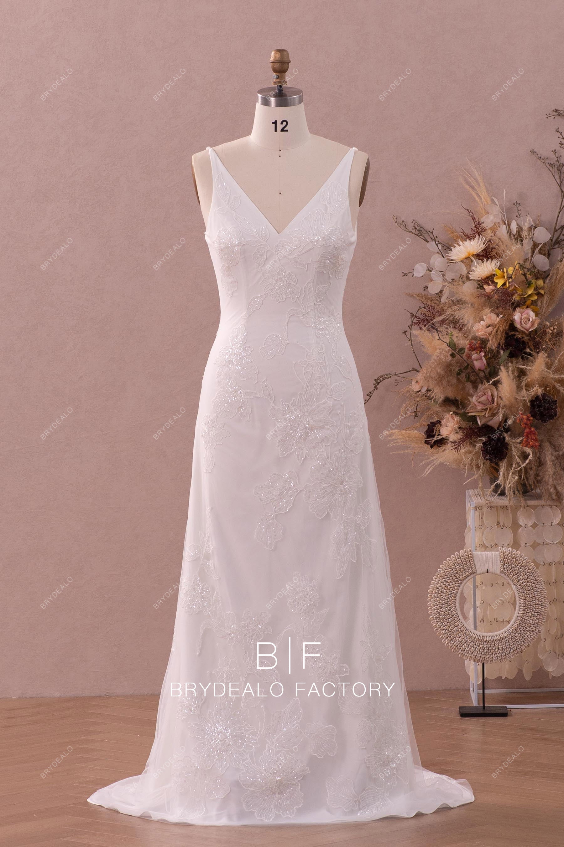 designer v-neck mermaid lotus lace wedding dress