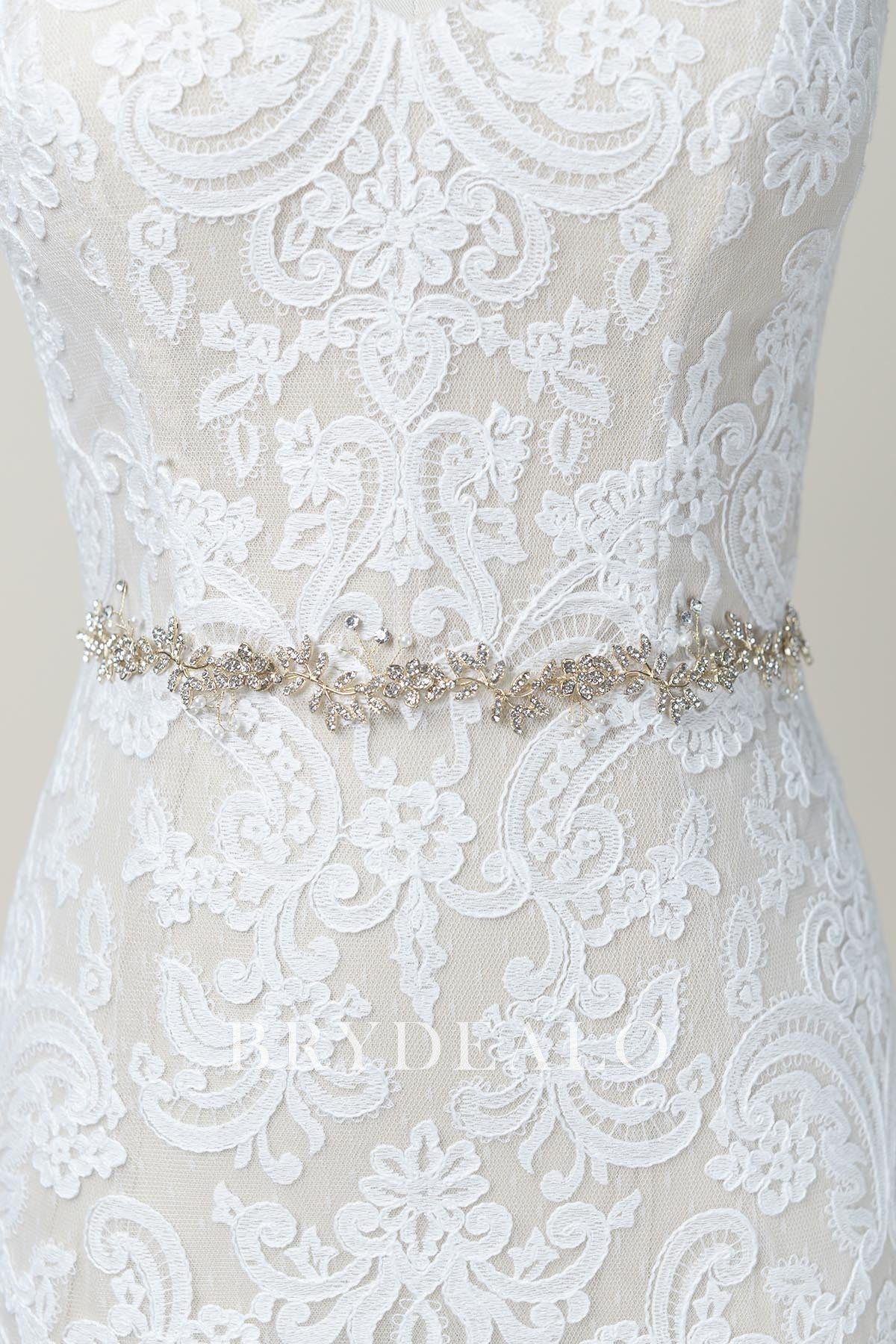 Elegant Golden Vine Bridal Sash with Crystals and Pearls
