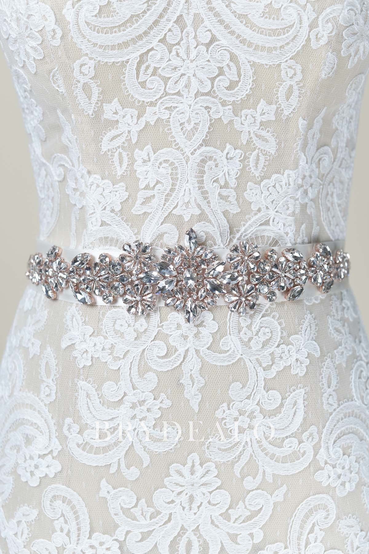 Shiny Silver Rose Gold Backing Satin Bridal Sash 