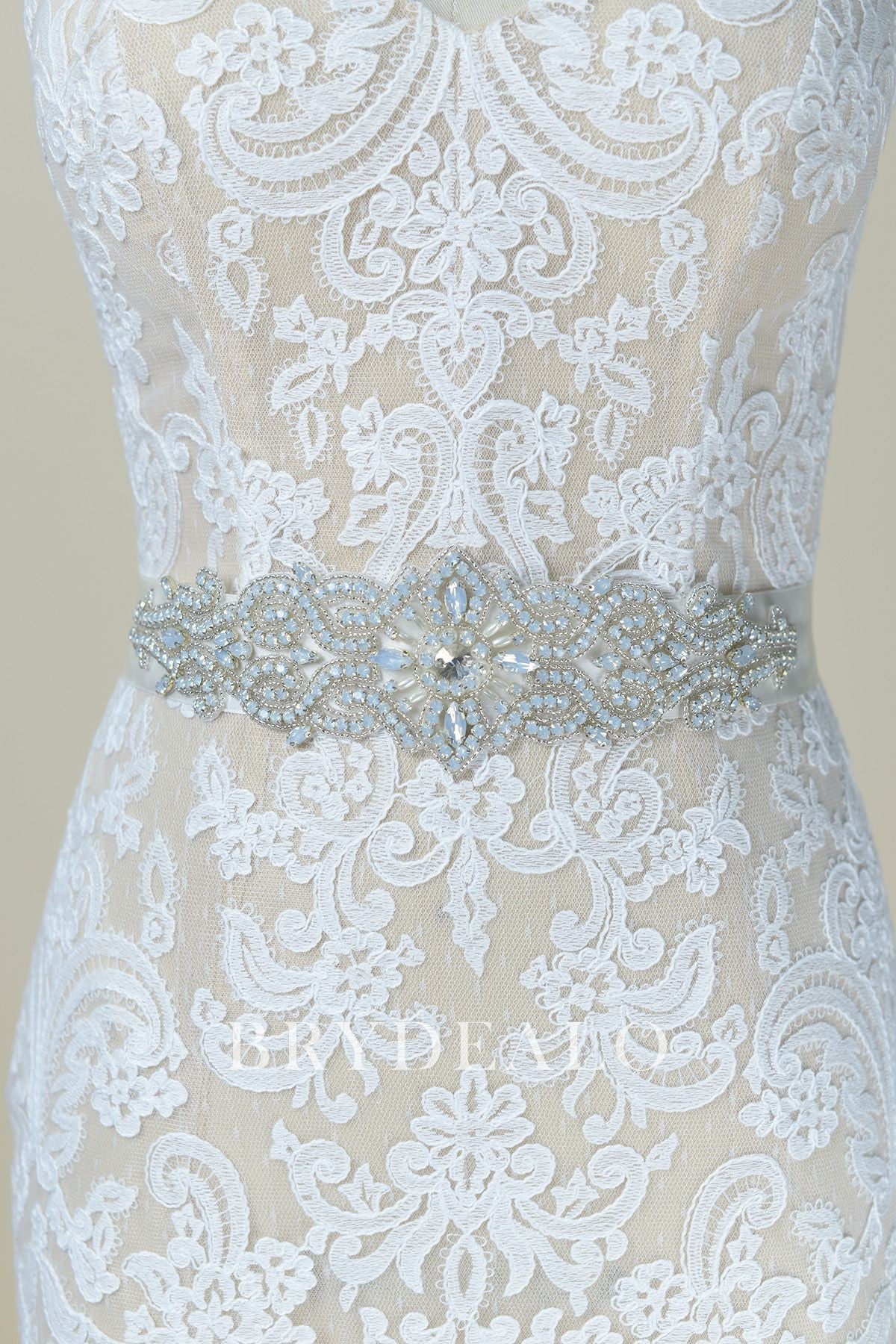 Abstract Ice Blue Crystal Shiny Bridal Satin Sash