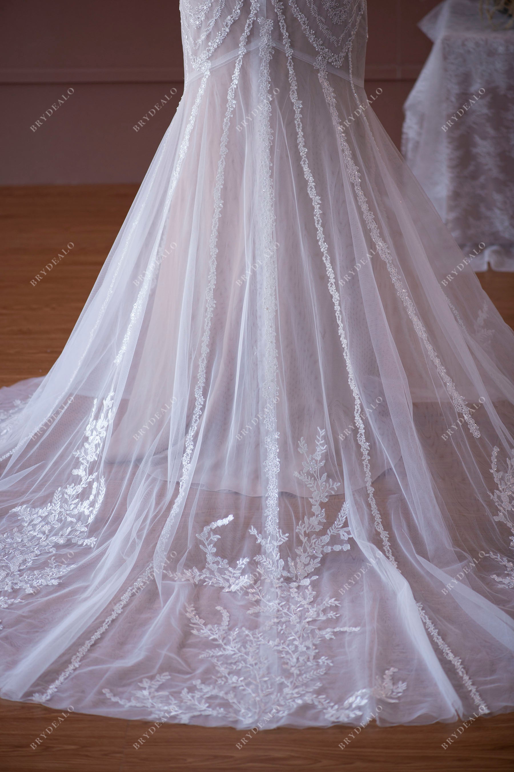 appliques tulle godet nude beige destination wedding gown