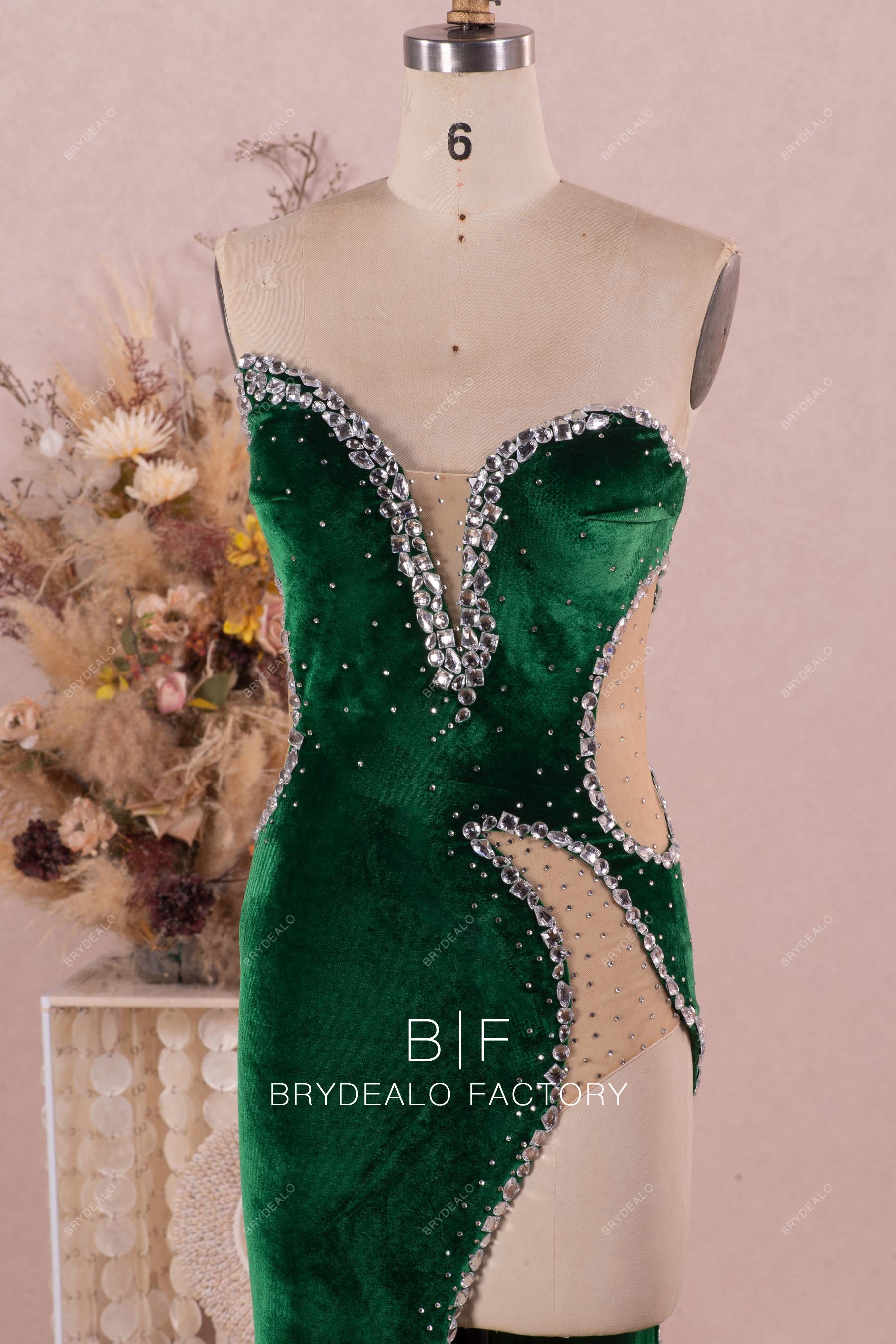 asymmetric plunging neck rhinestone velvet prom dress
