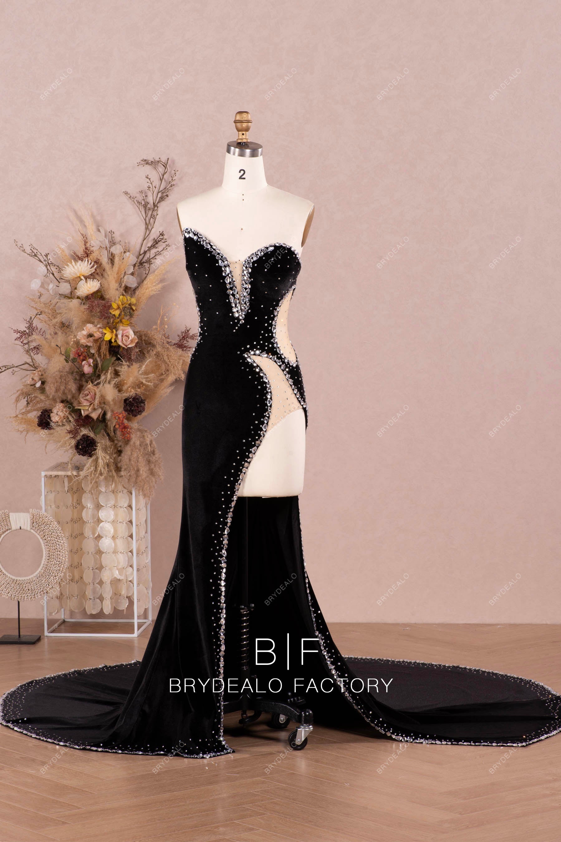 asymmetrical strapless high slit velvet mermaid prom dress