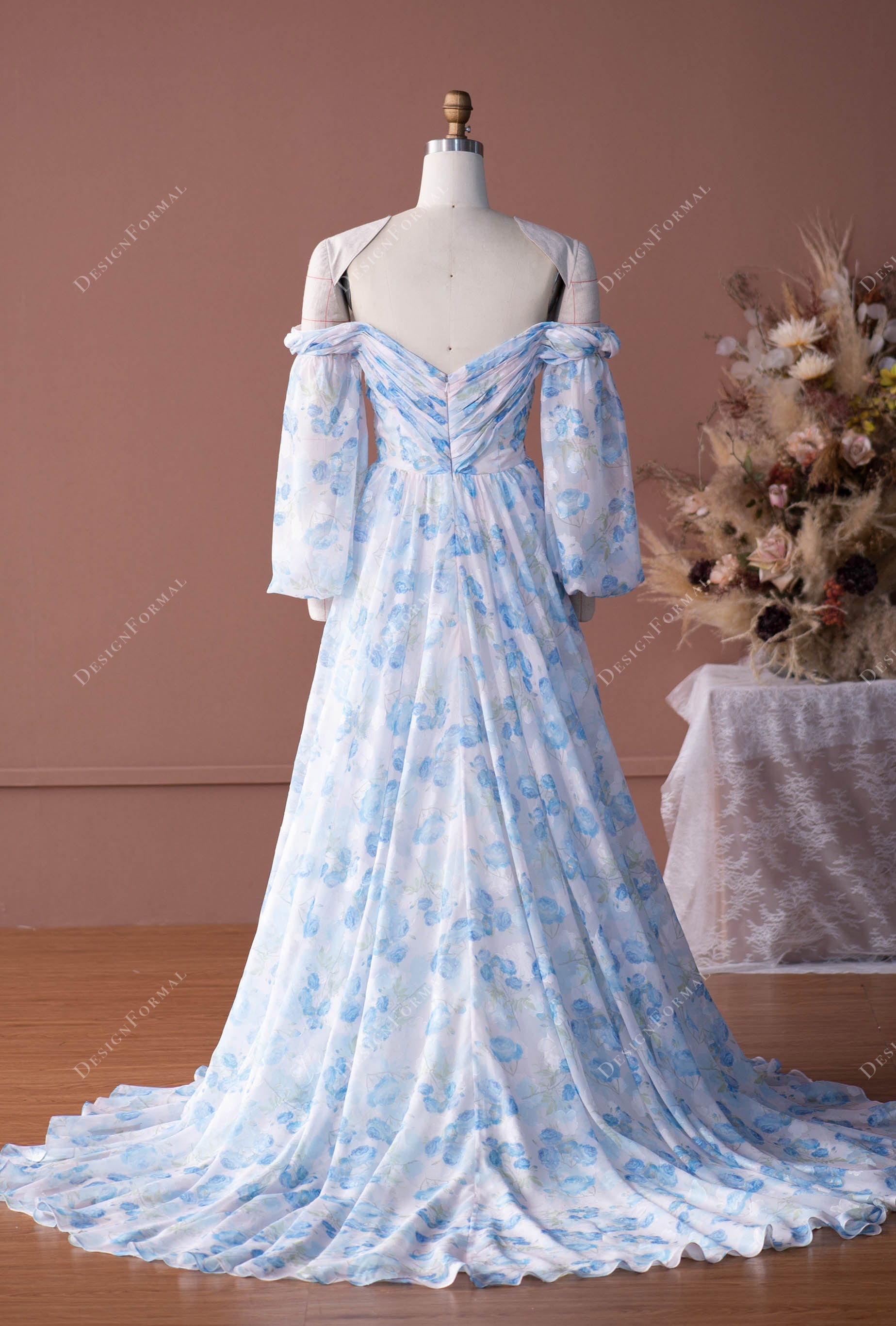 Balloon Sleeve Pleated Bodice Designer Floral Chiffon A-line Bridal Dress