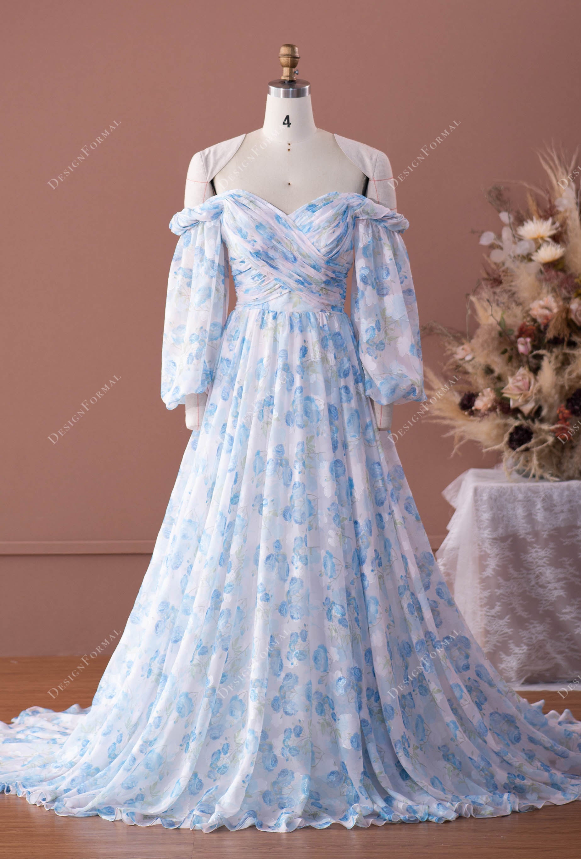 Balloon Sleeve Designer Floral Chiffon A-line Bridal Dress