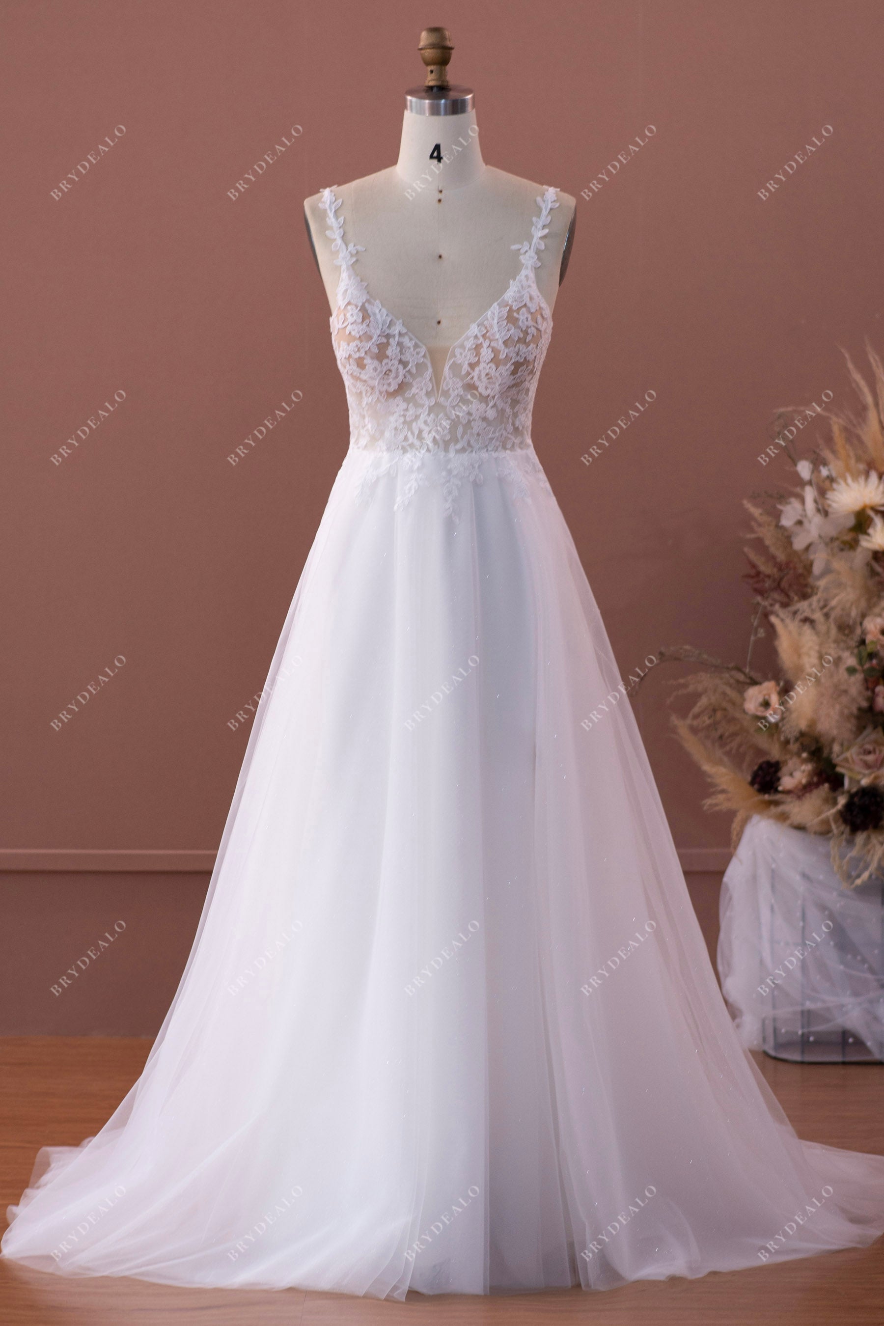 sexy plunging lace tulle wedding dress