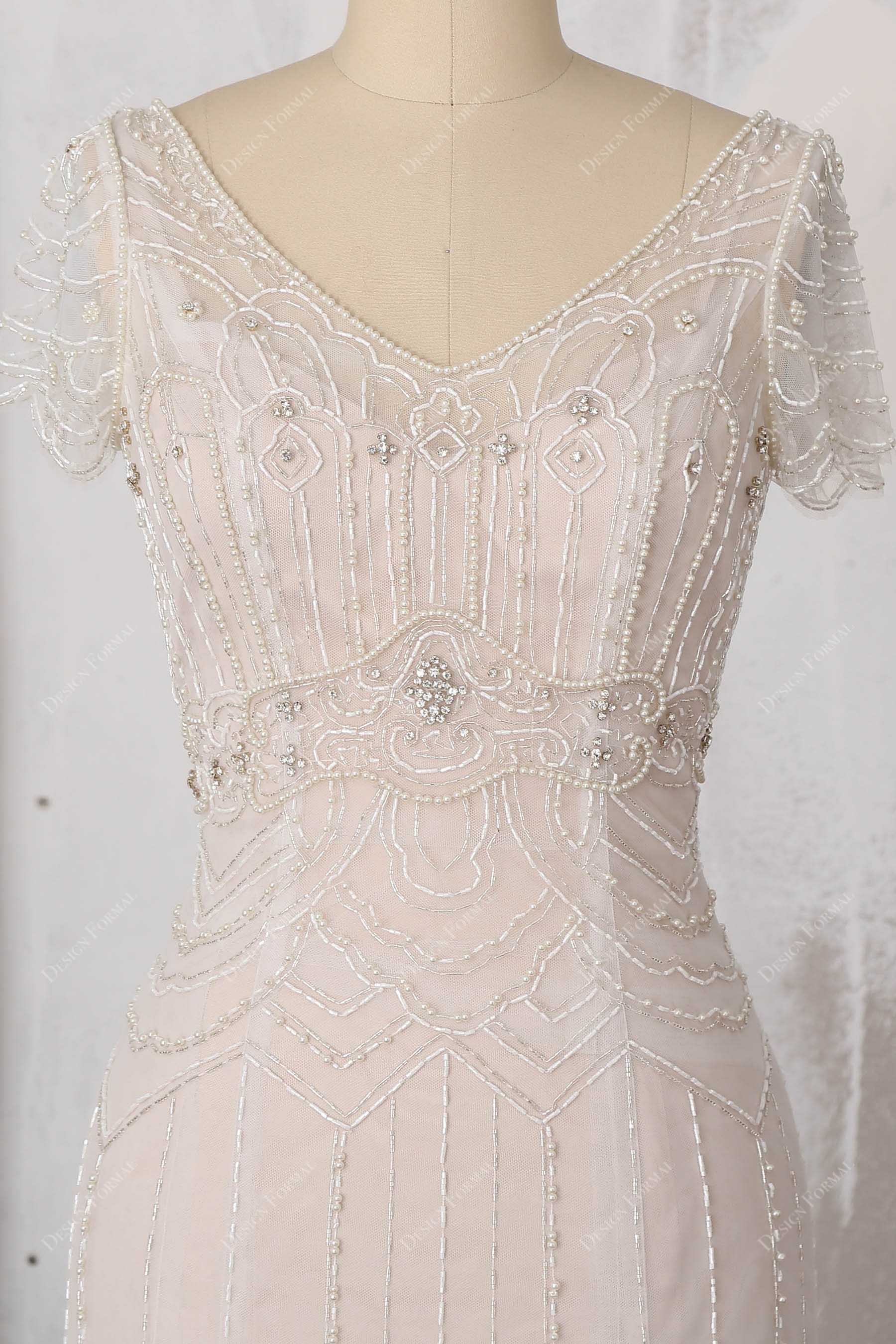 beaded V-neck short sleeves gown