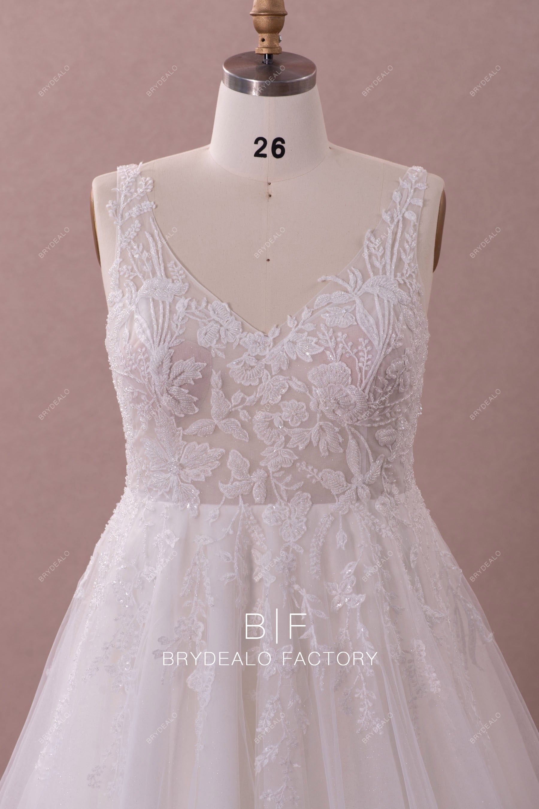 V-neck beaded flower lace straps A-line bridal gown