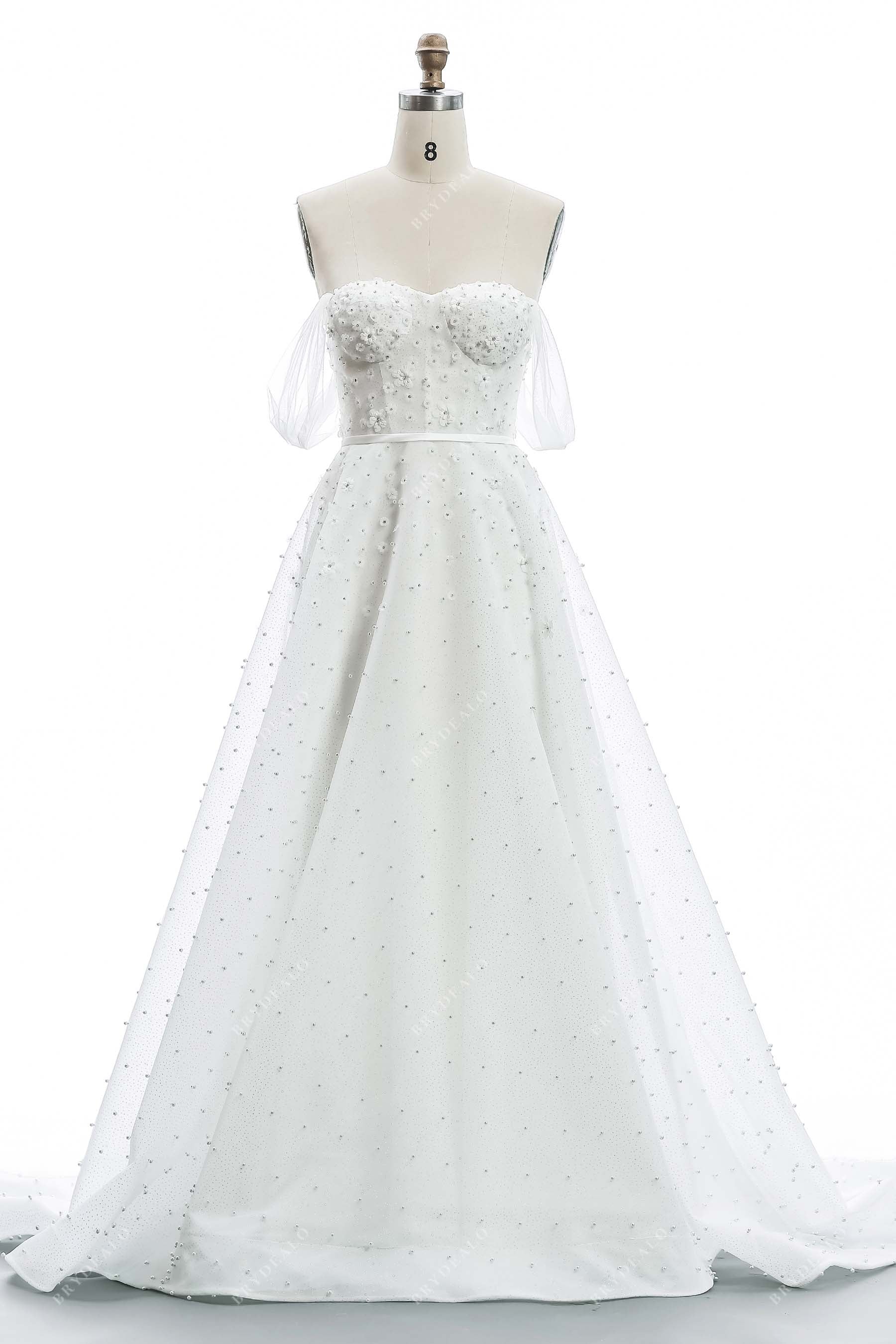 off shoulder 3D flowers pearls bridal gown