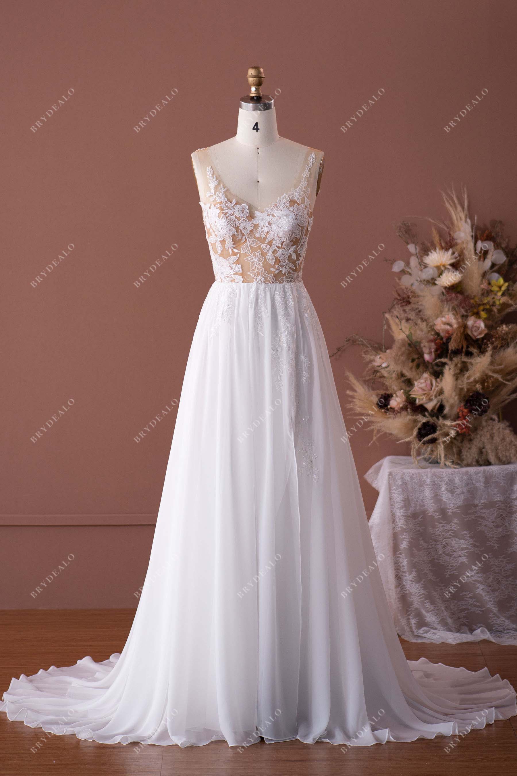boho beaded lace v-neck illusion chiffon wedding dress