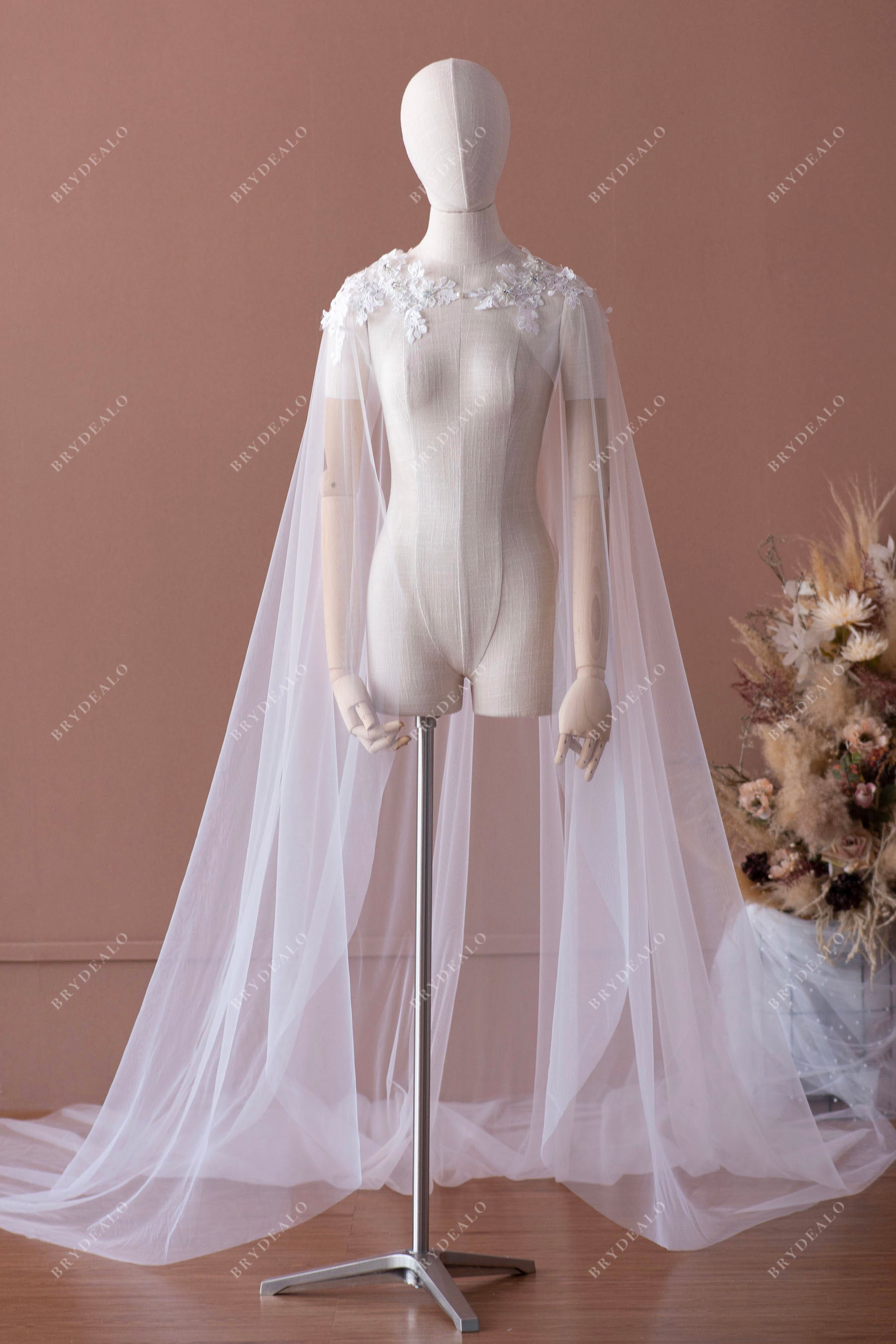 Elegant beaded lace long bridal cape