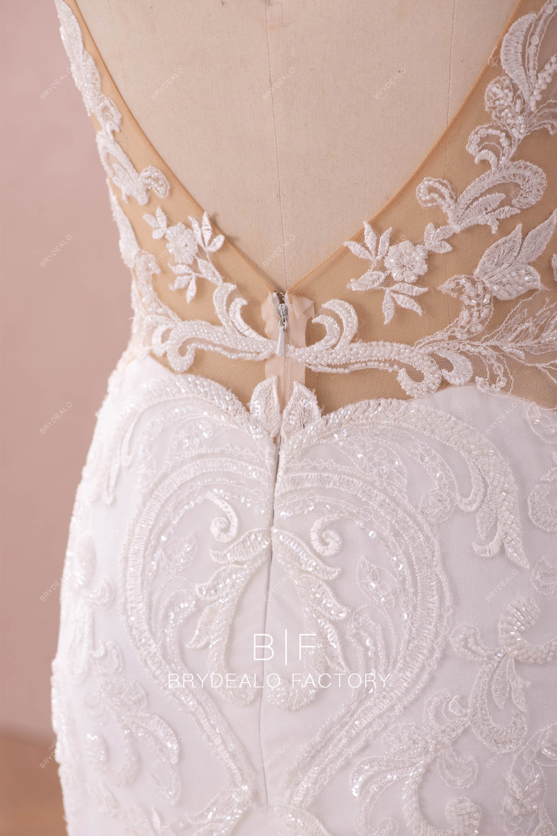 beaded lace open back destination trumpet bridal gown