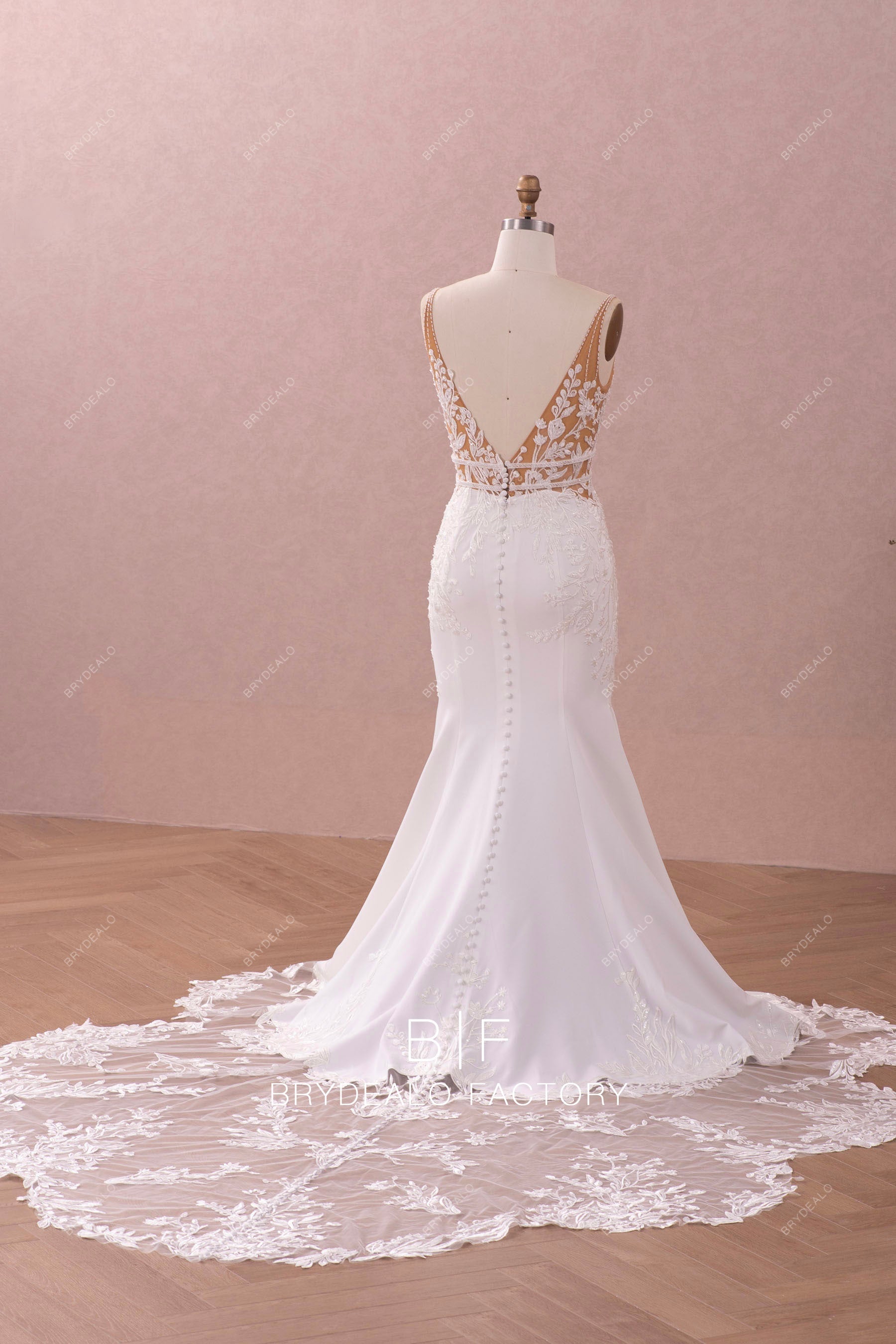 open back beaded lace crepe long wedding gown