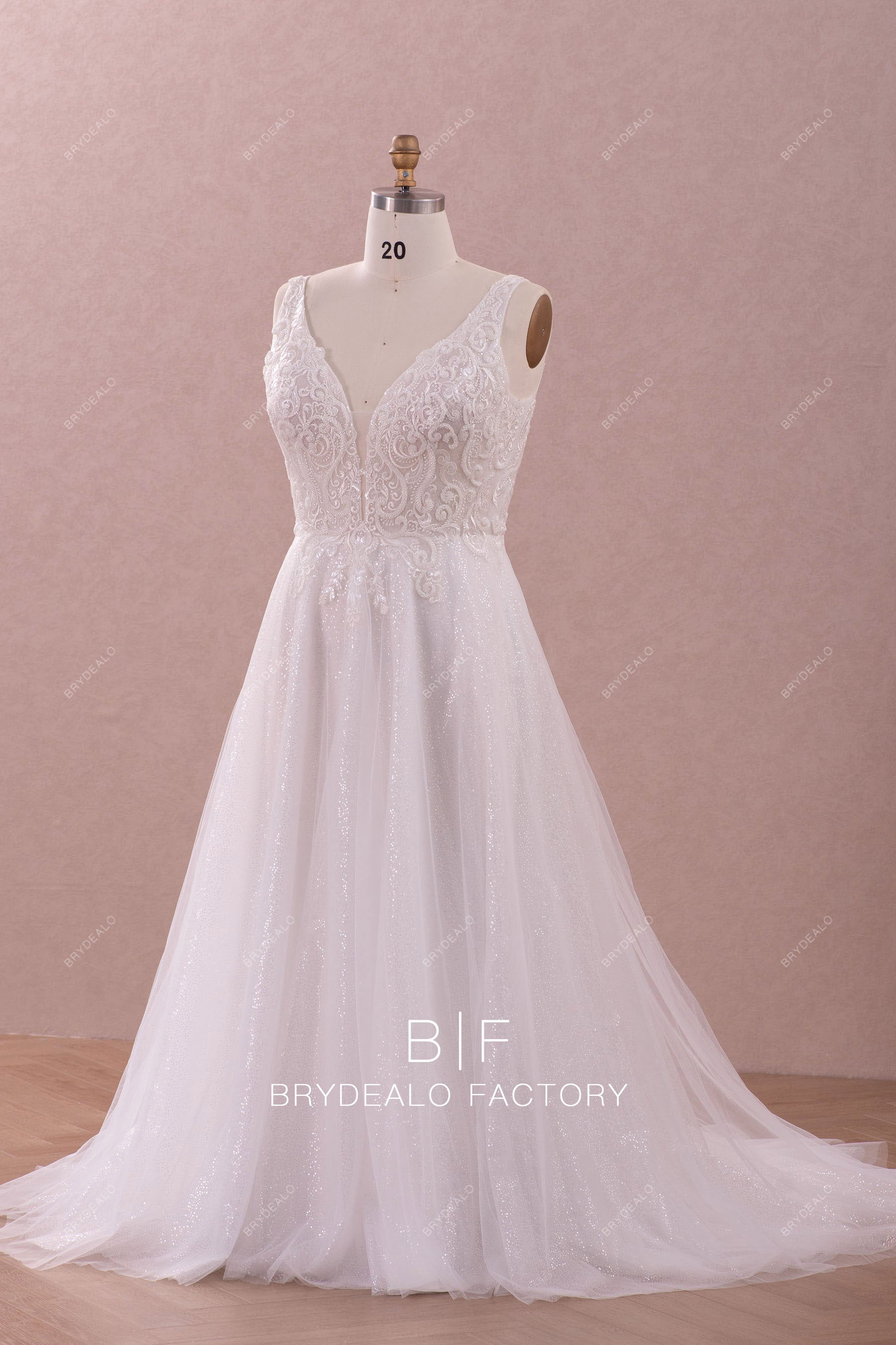 beaded lace straps V-neck shimmery tulle wedding gown