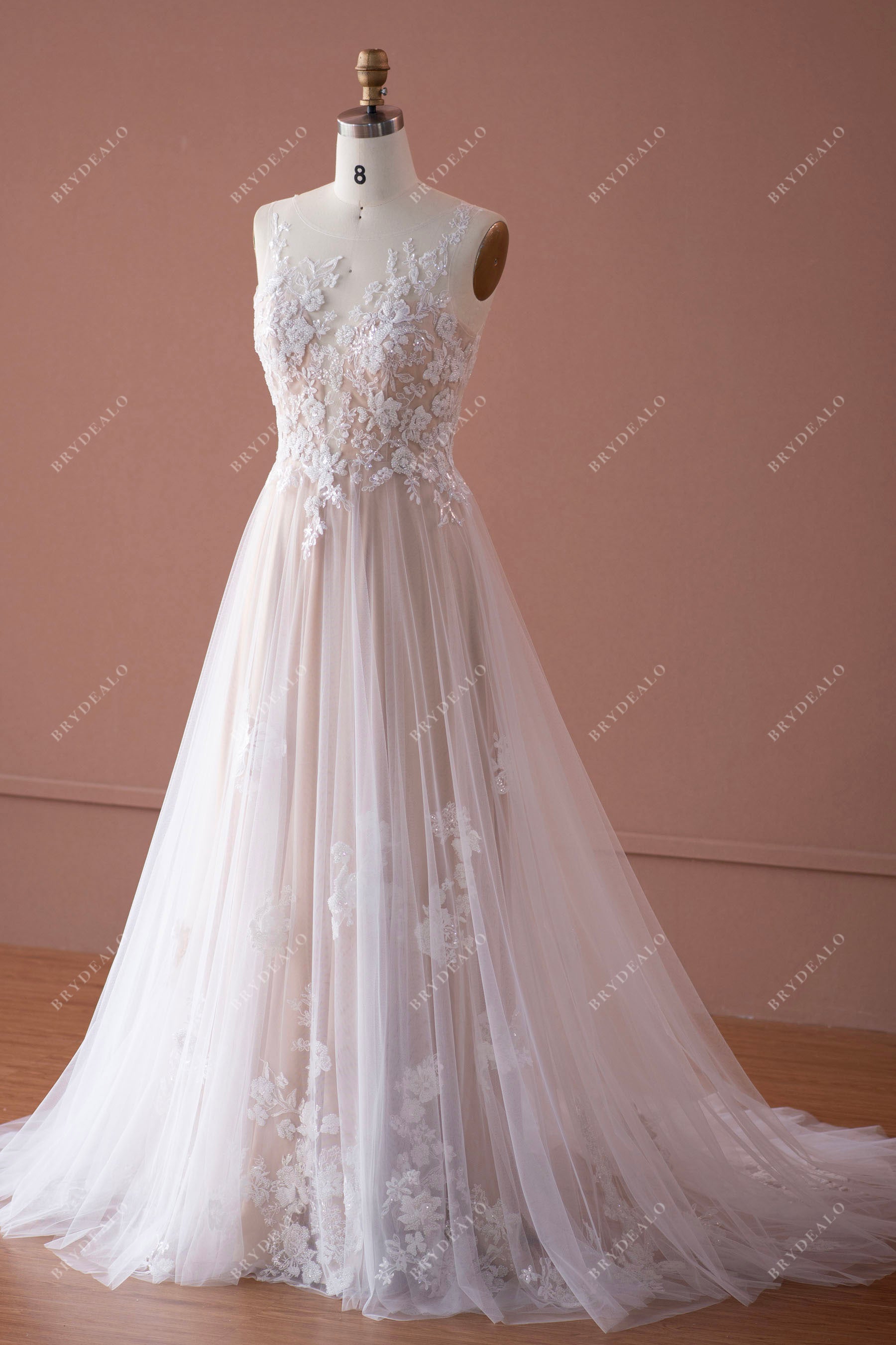 sleeveless illusion neck nude beige beach wedding dress