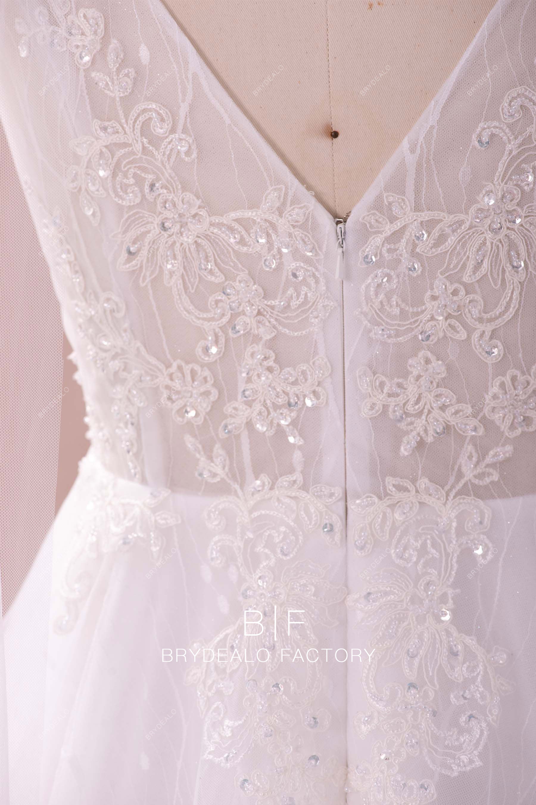 beaded lace illusion v-back wedding dress