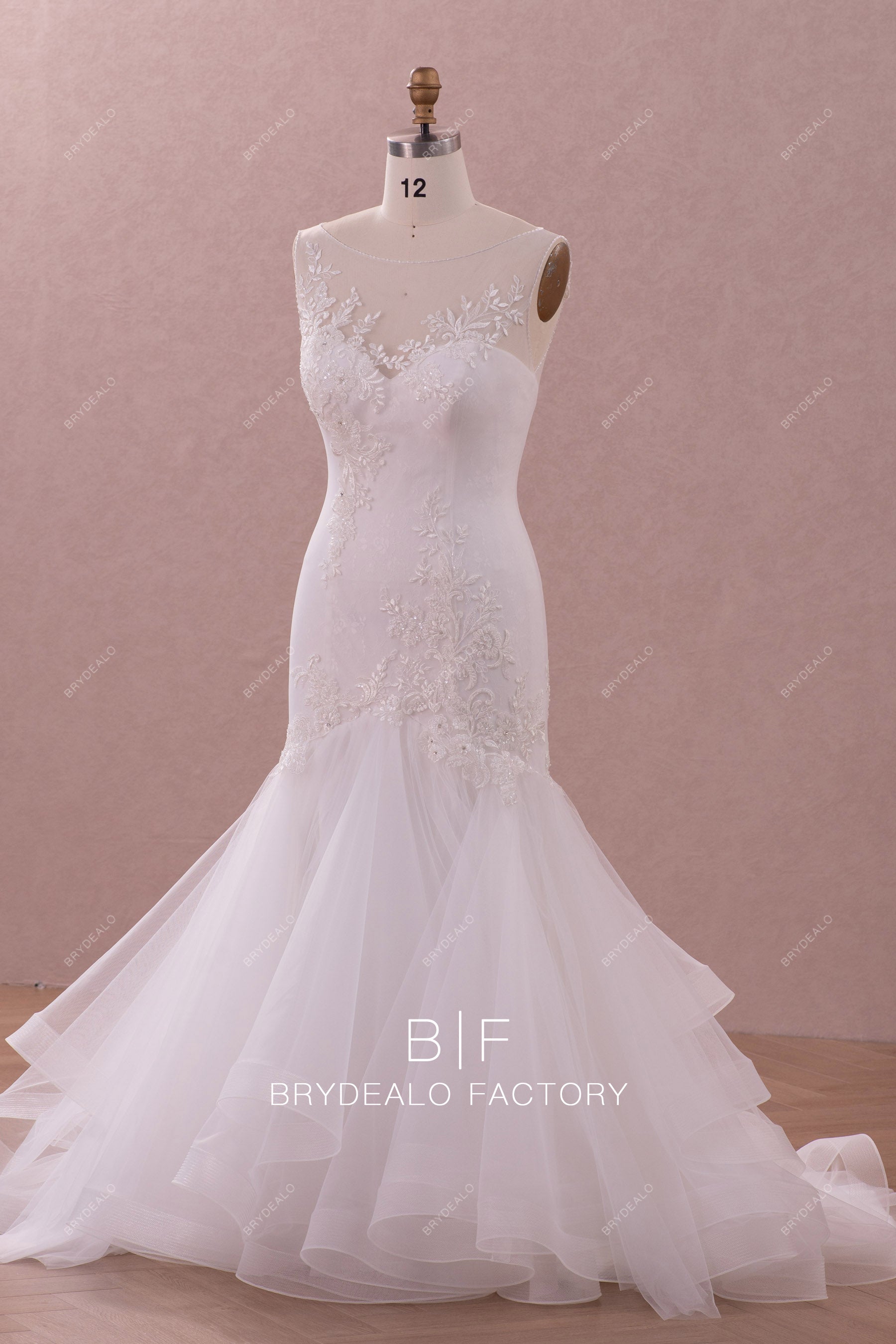 beaded neck flower lace mermaid wedding gown