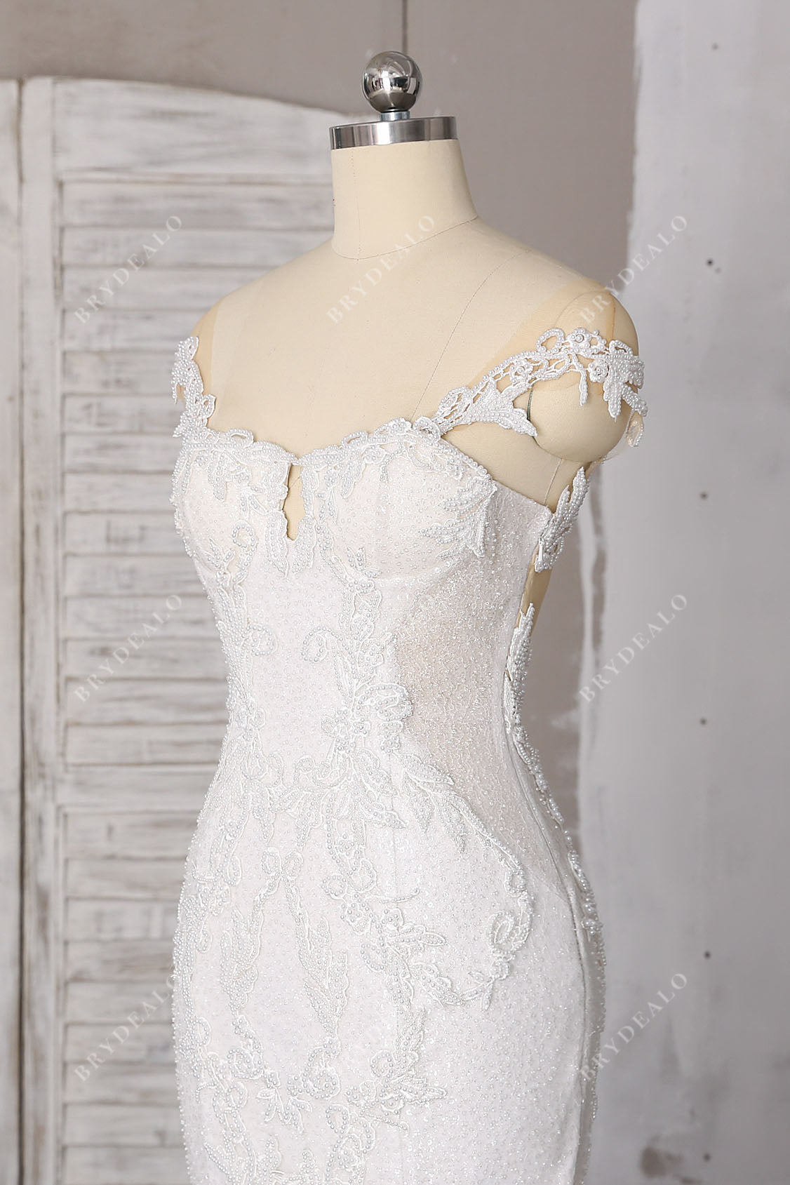 illusion cutout drop sleeved beaded lace designer bridal gown