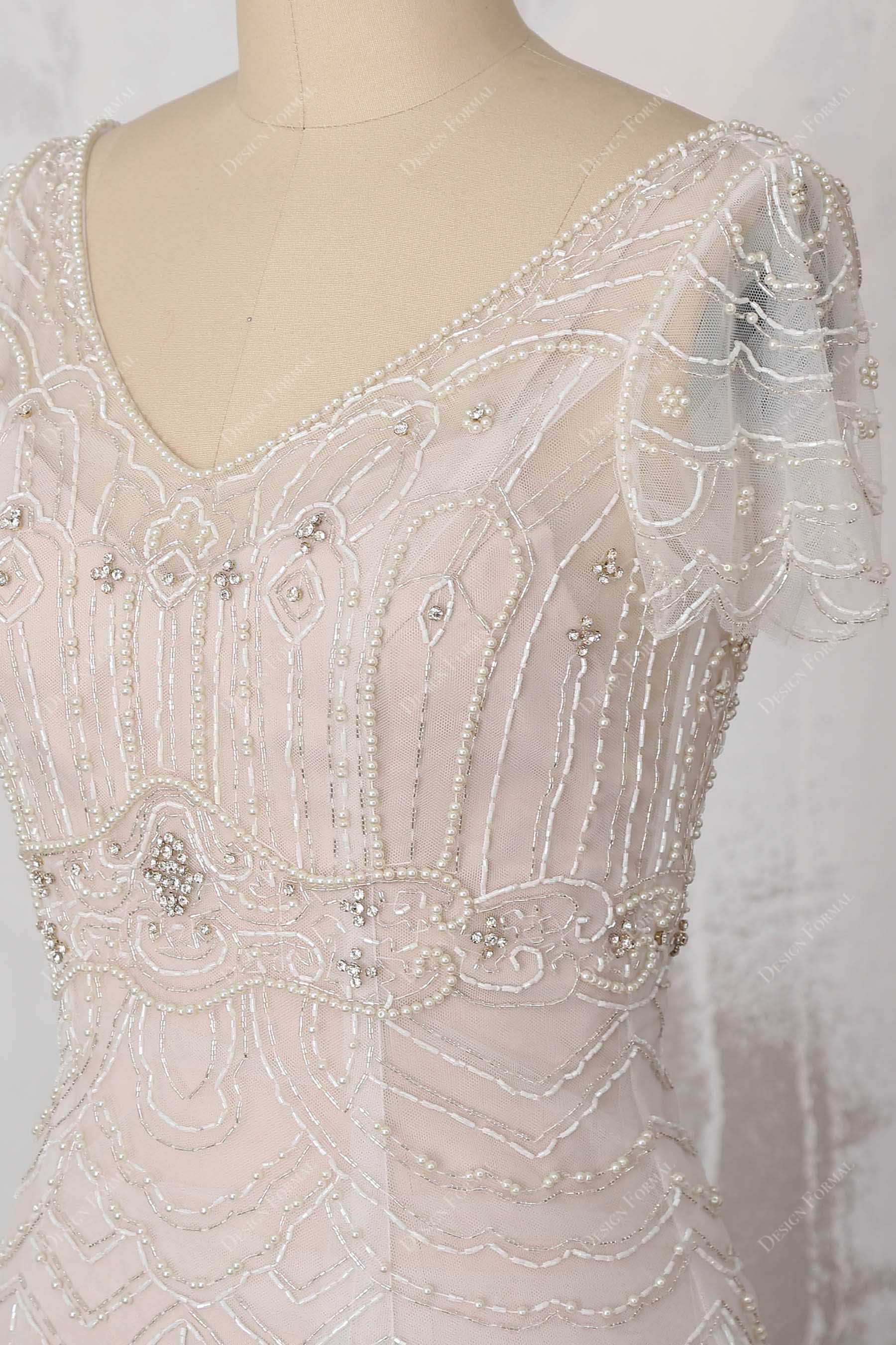 beaded short sleeves V-neck gown