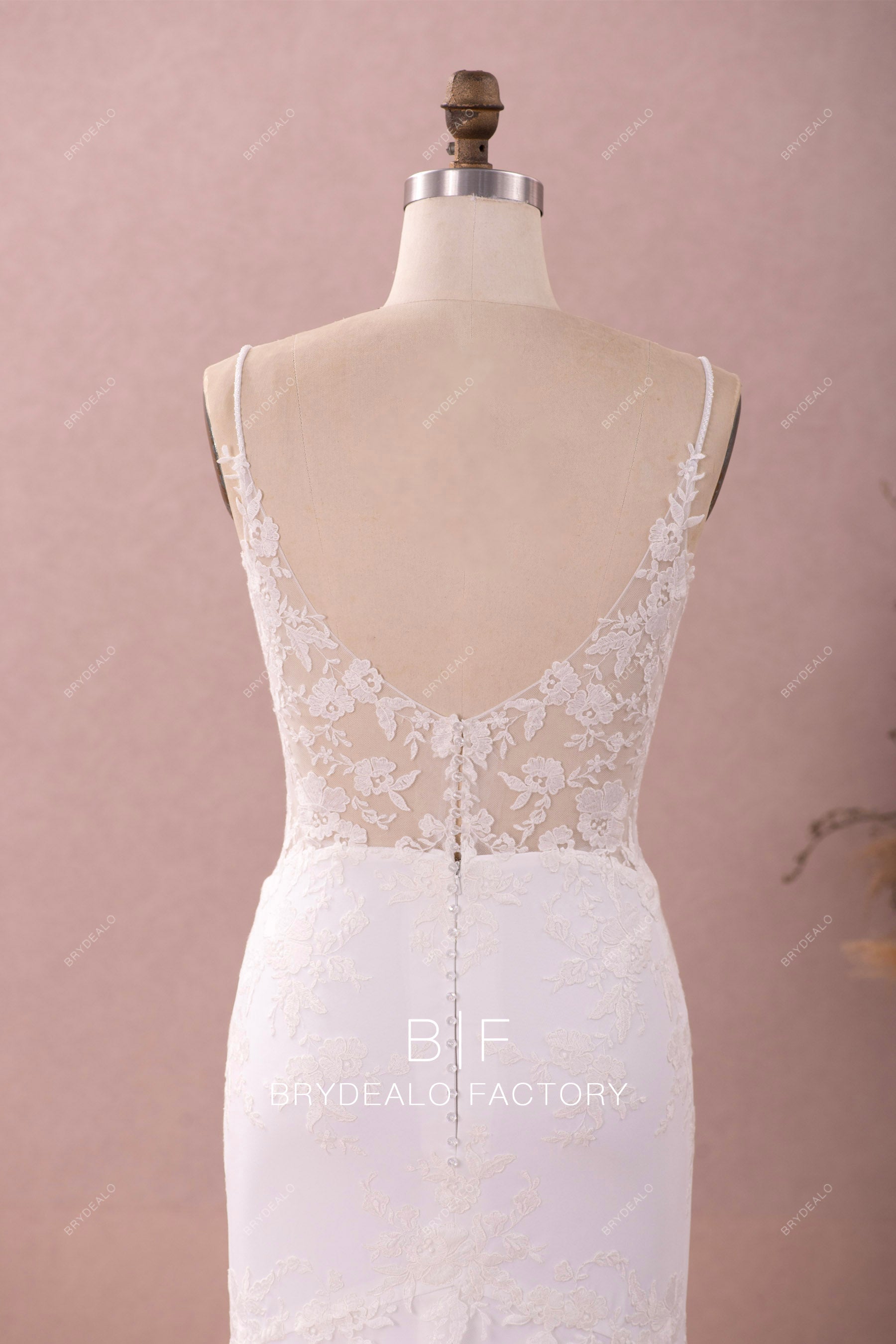 spaghetti straps sheer V-back  lace wedding gown