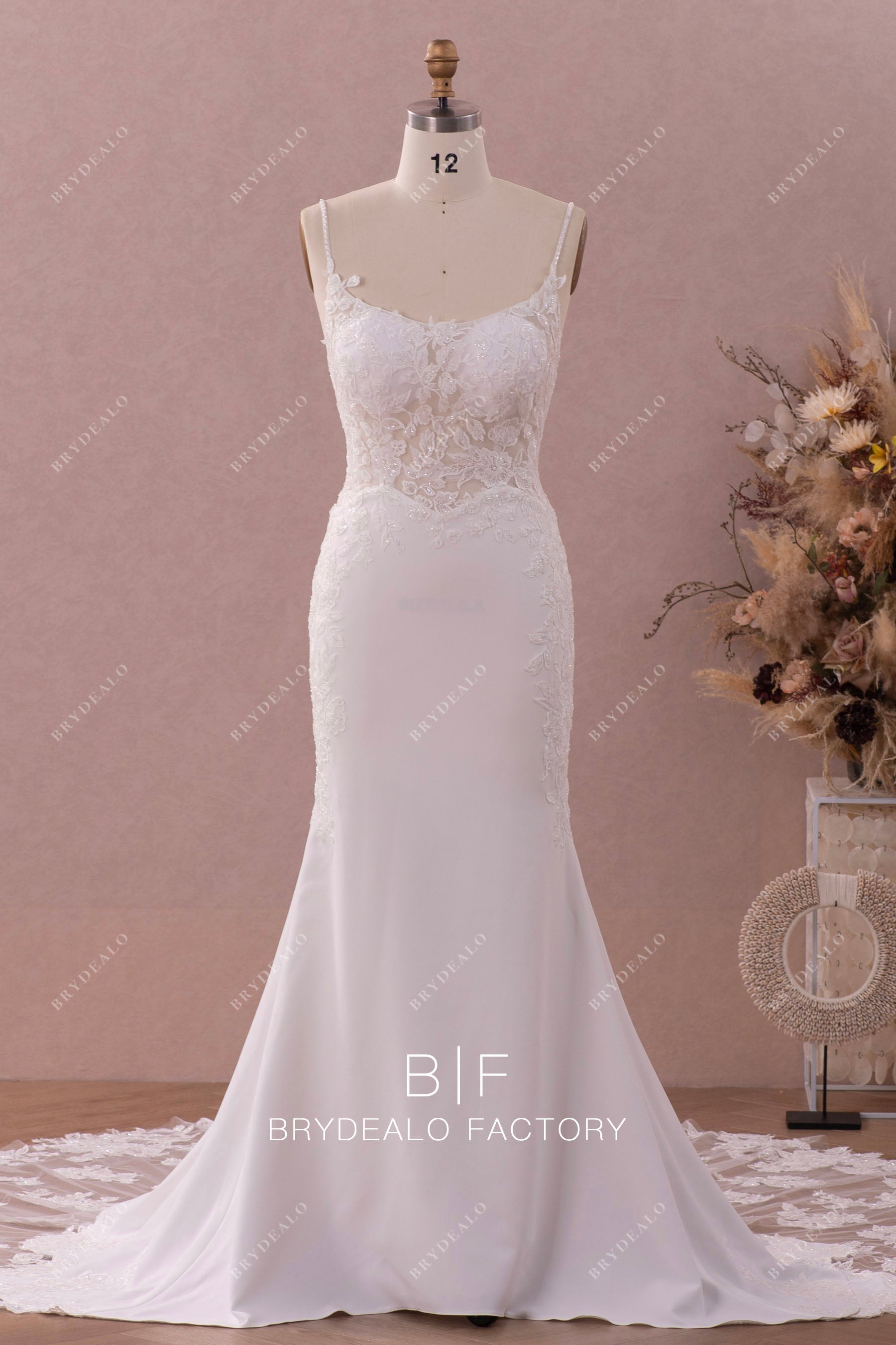 beaded thin straps lace crepe mermaid wedding dress