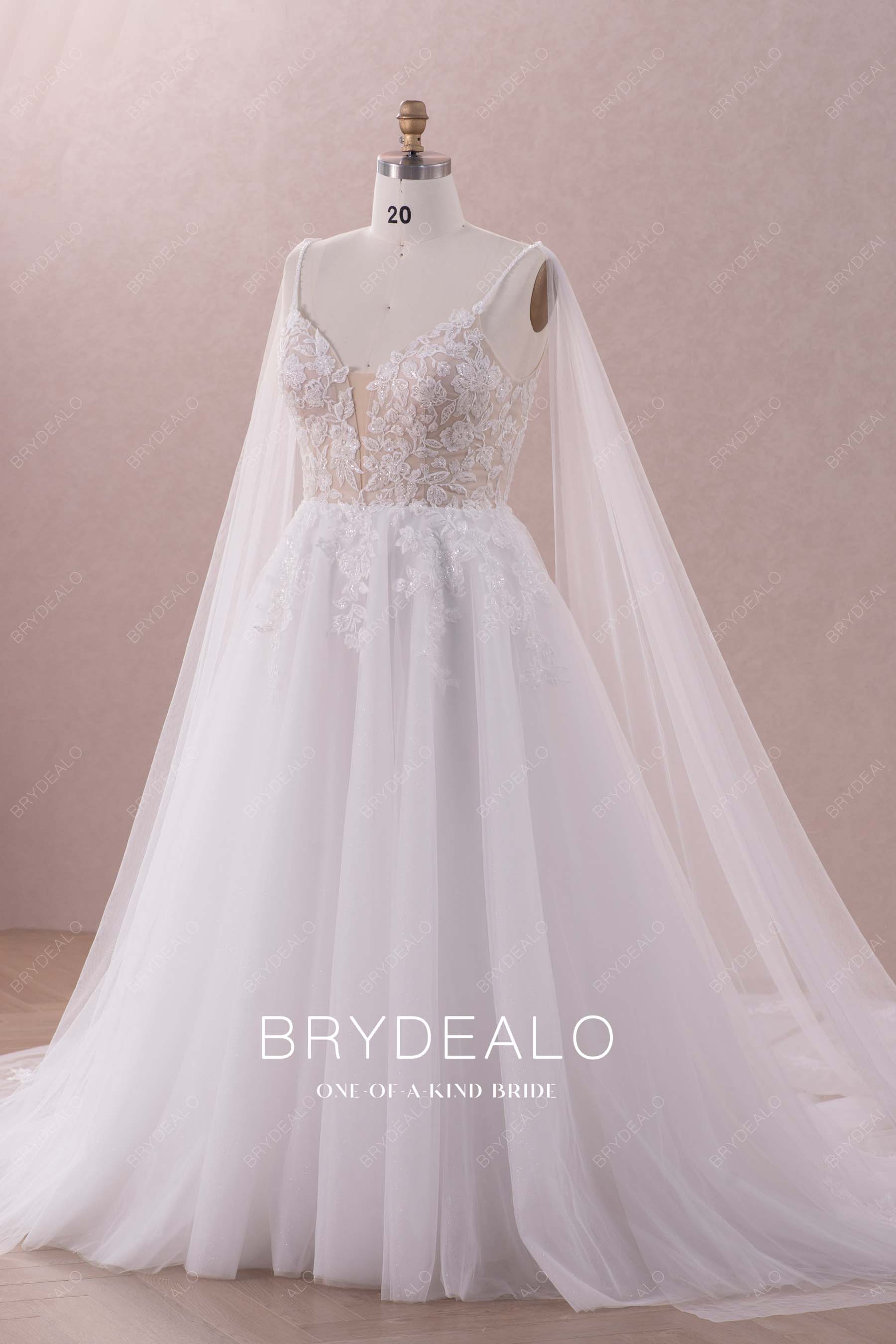 beaded straps V-neck lace tulle A-line trendy wedding dress