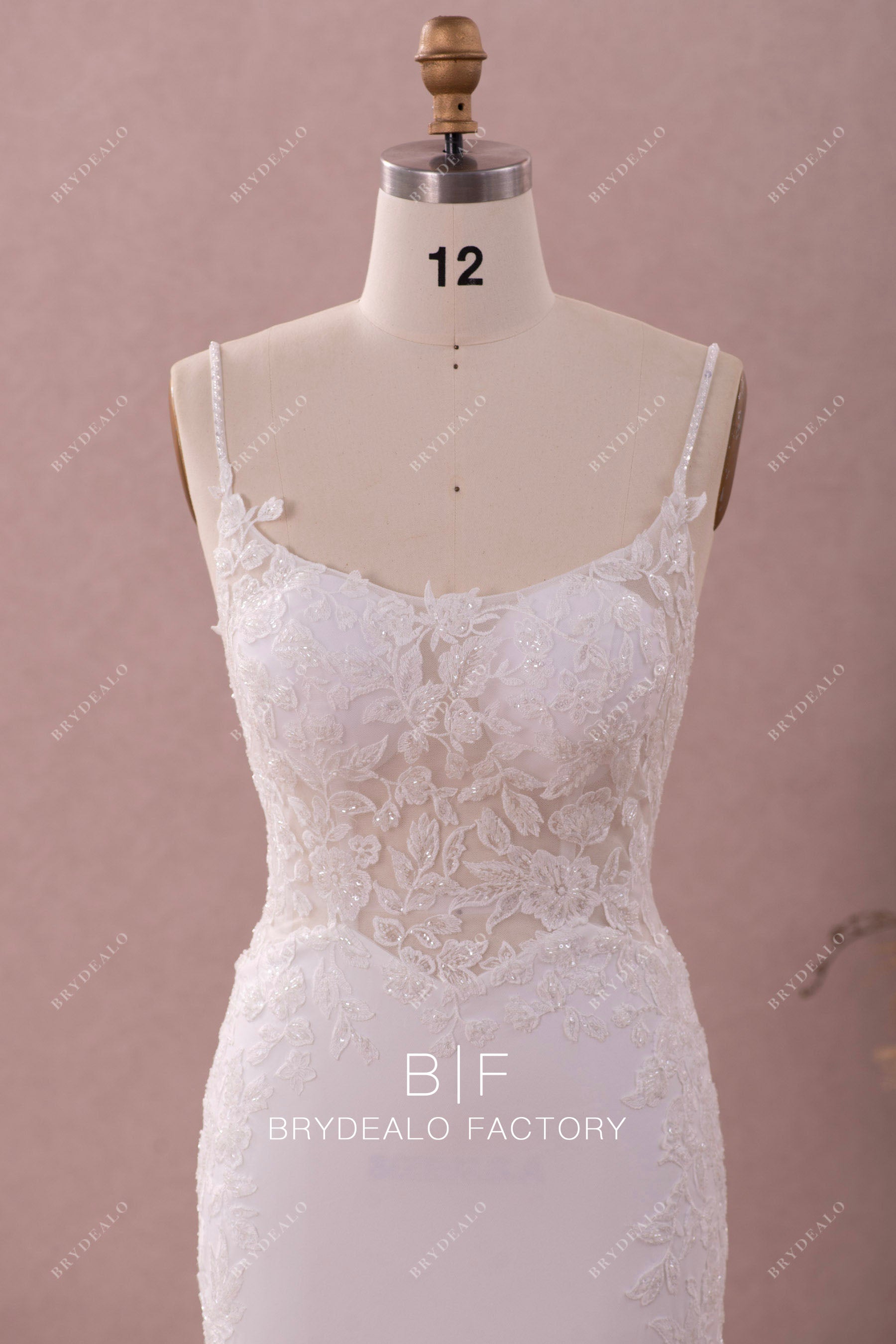 beaded thin straps scoop neck lace destination wedding dress