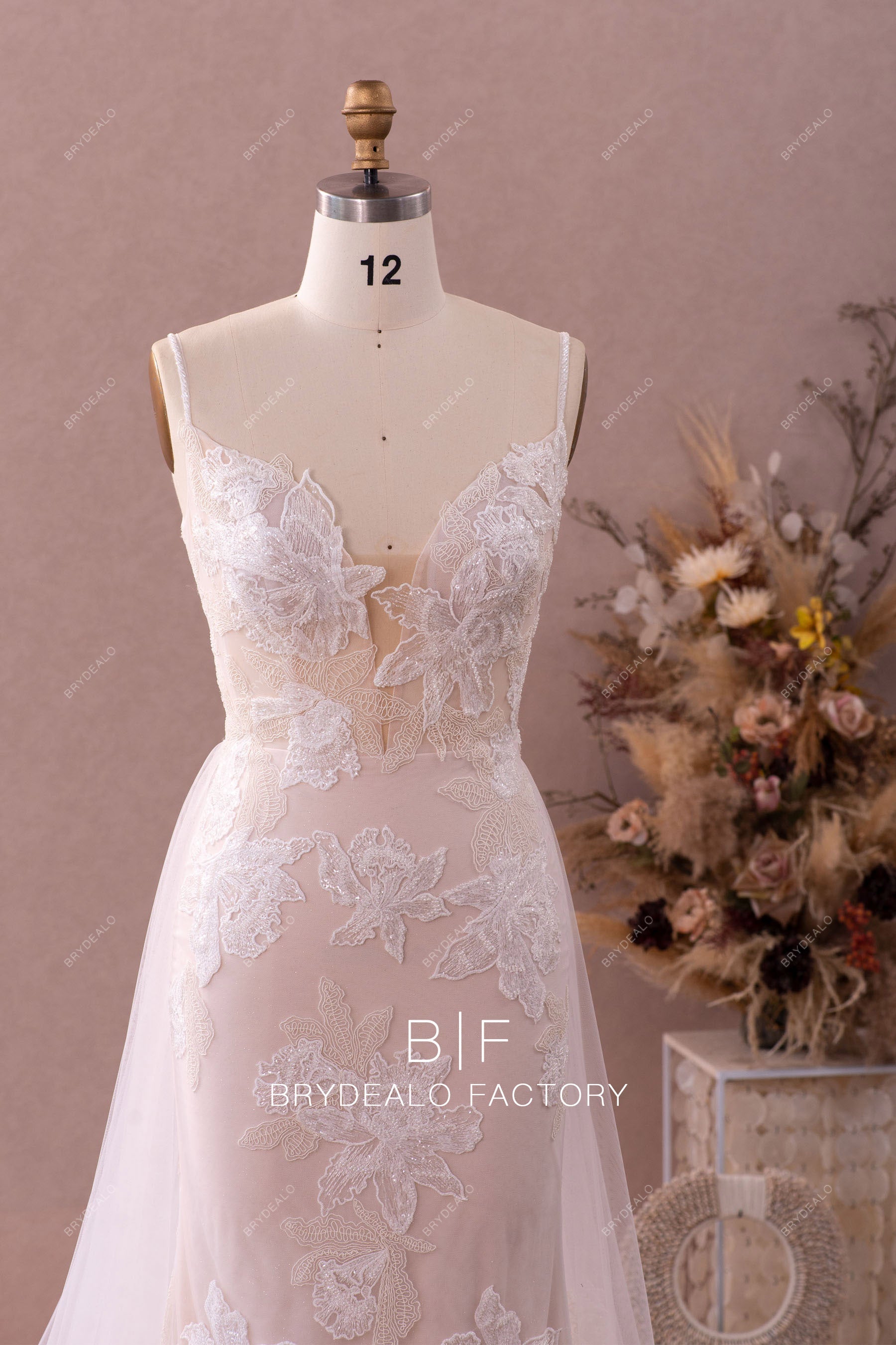 sleeveless beaded straps lace wedding gown