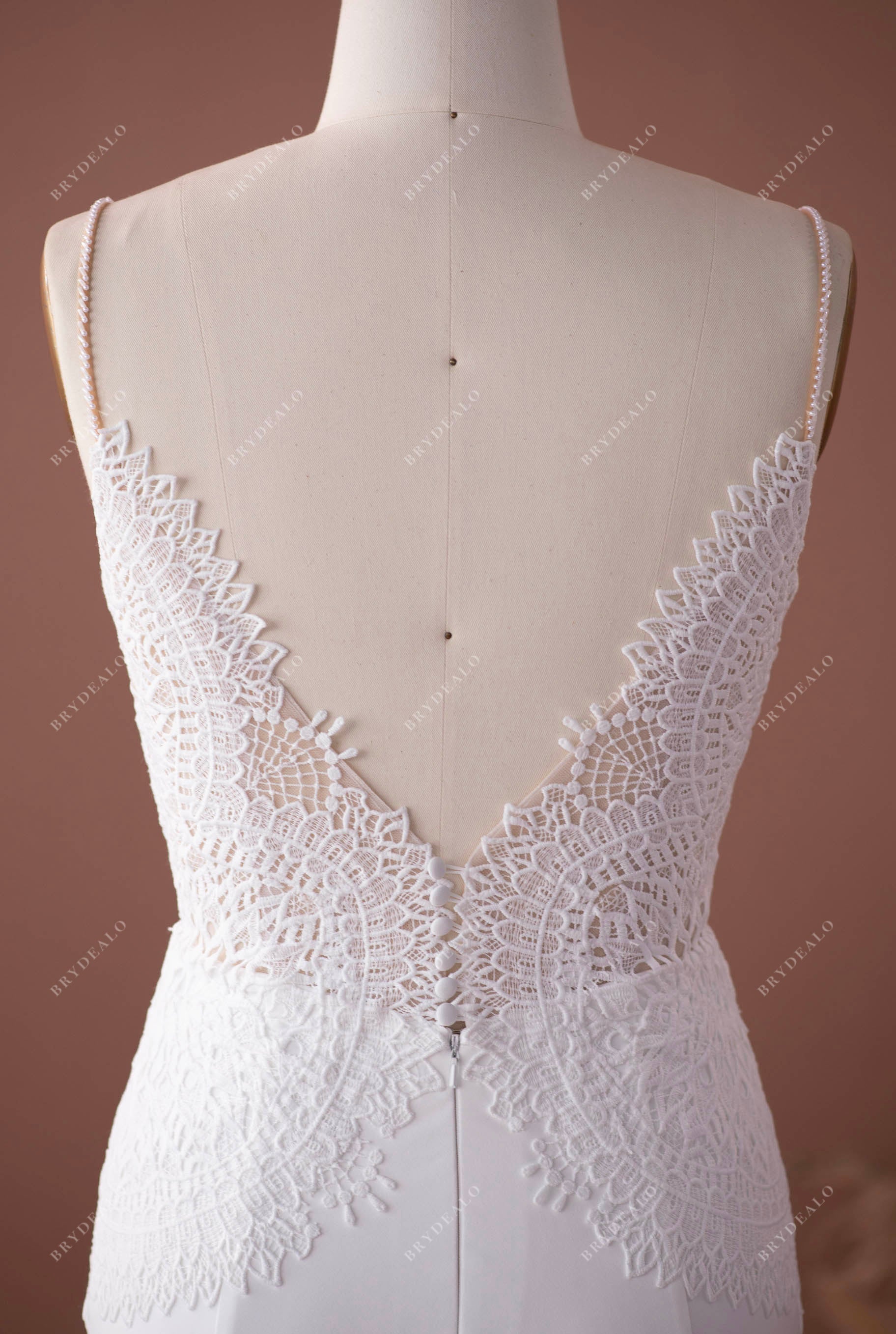 beaded straps open V-back lace wedding gown