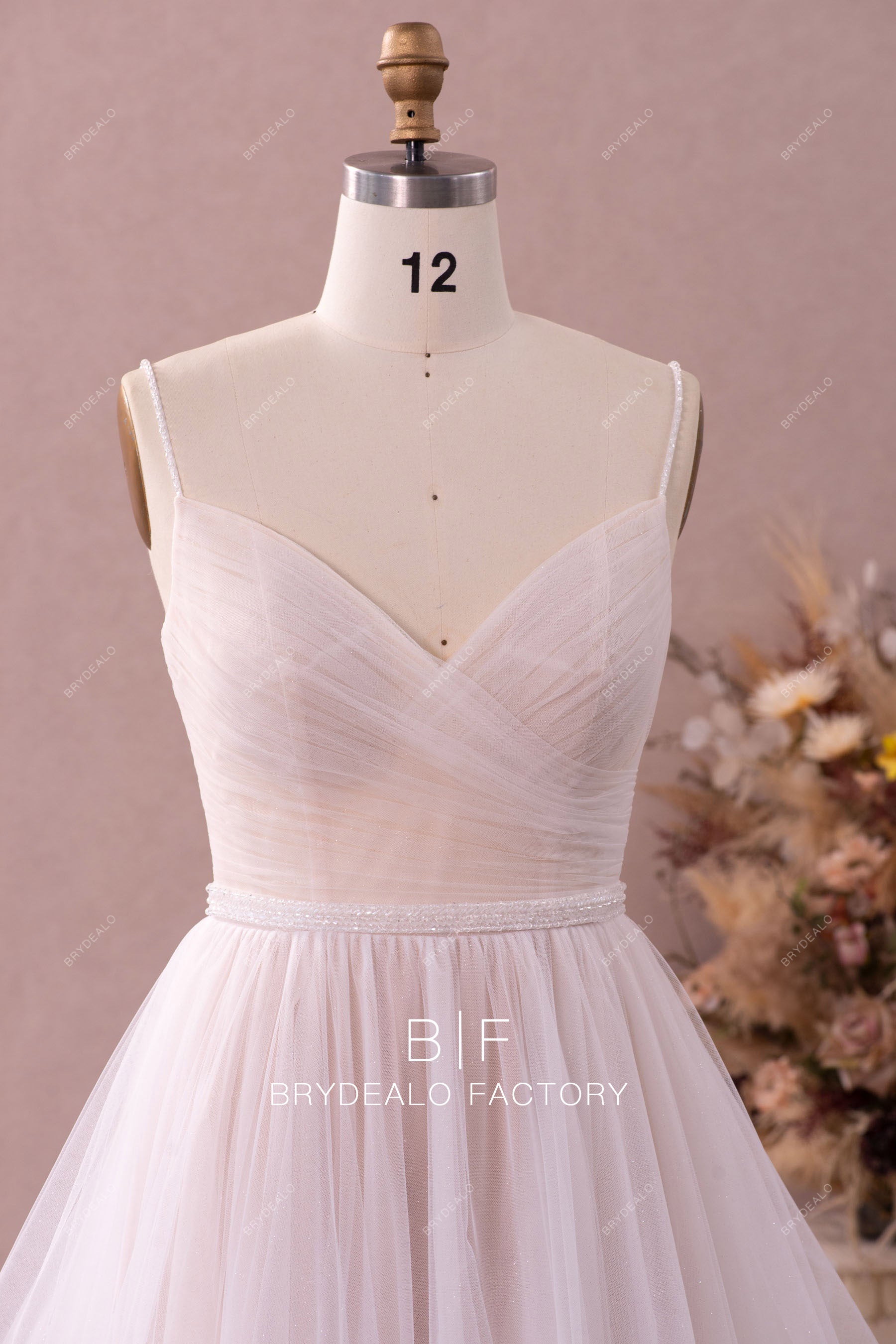 Beaded thin straps ruched neck lace bridal gown