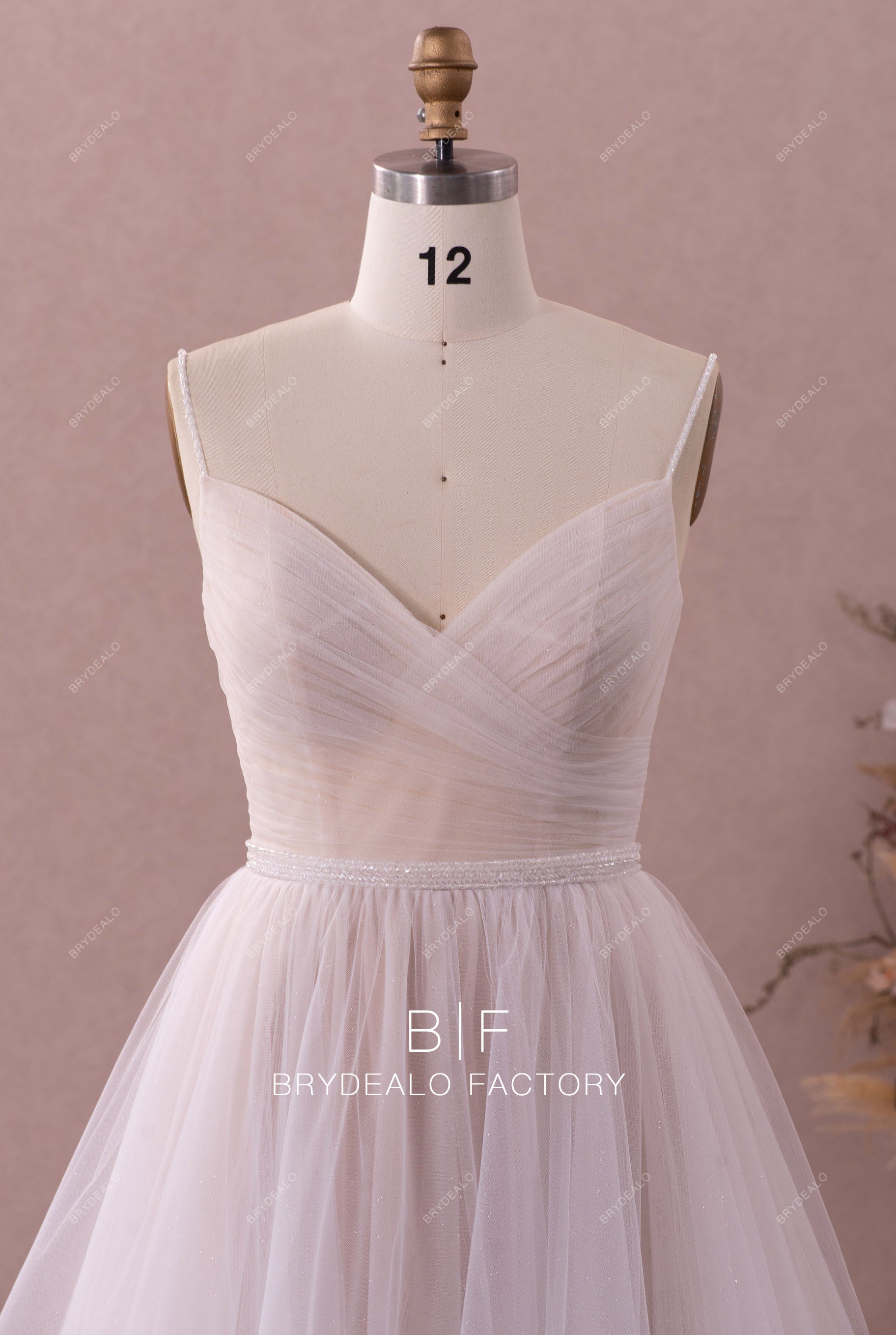 beaded straps sleeveless pleated wedding dress
