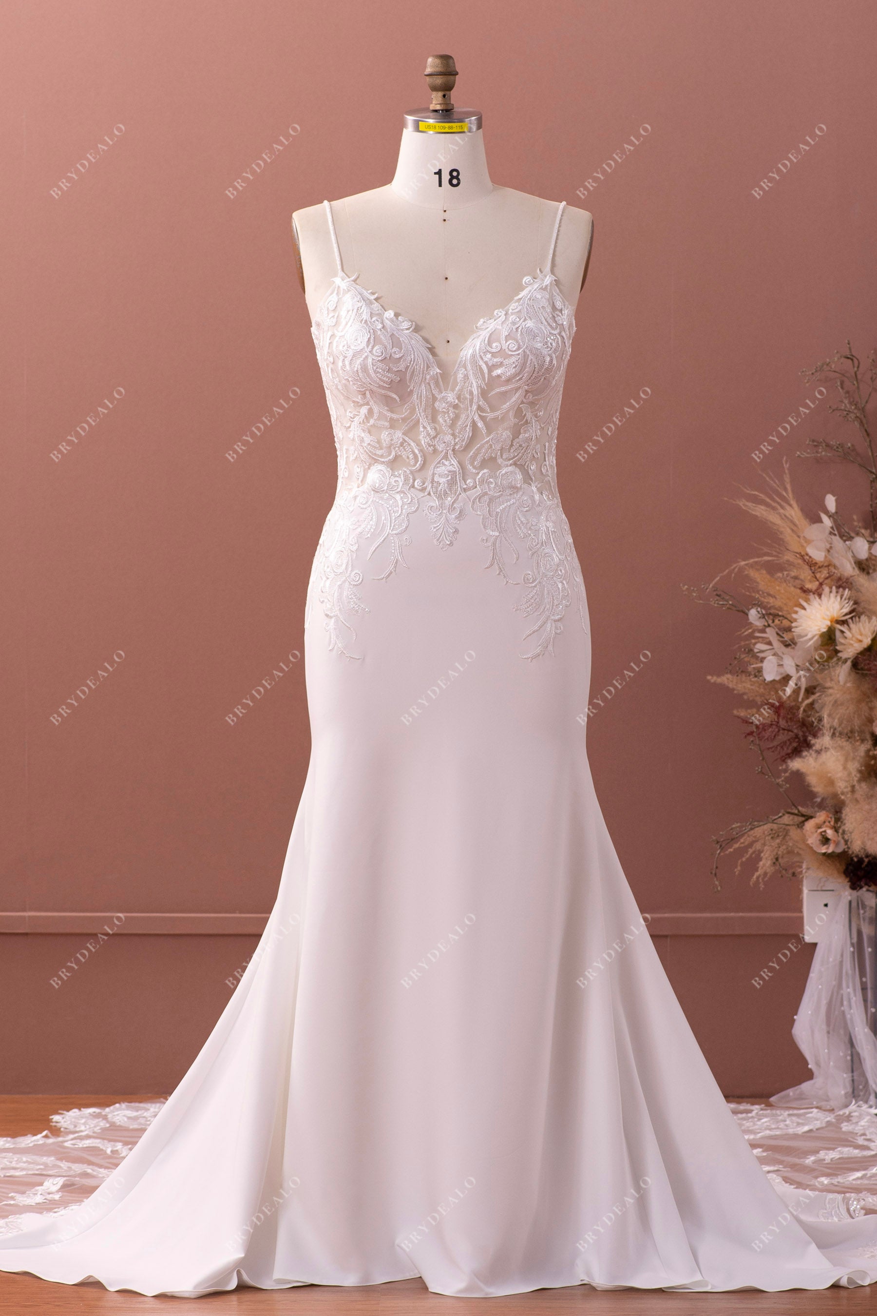 beaded straps lace crepe wedding dress