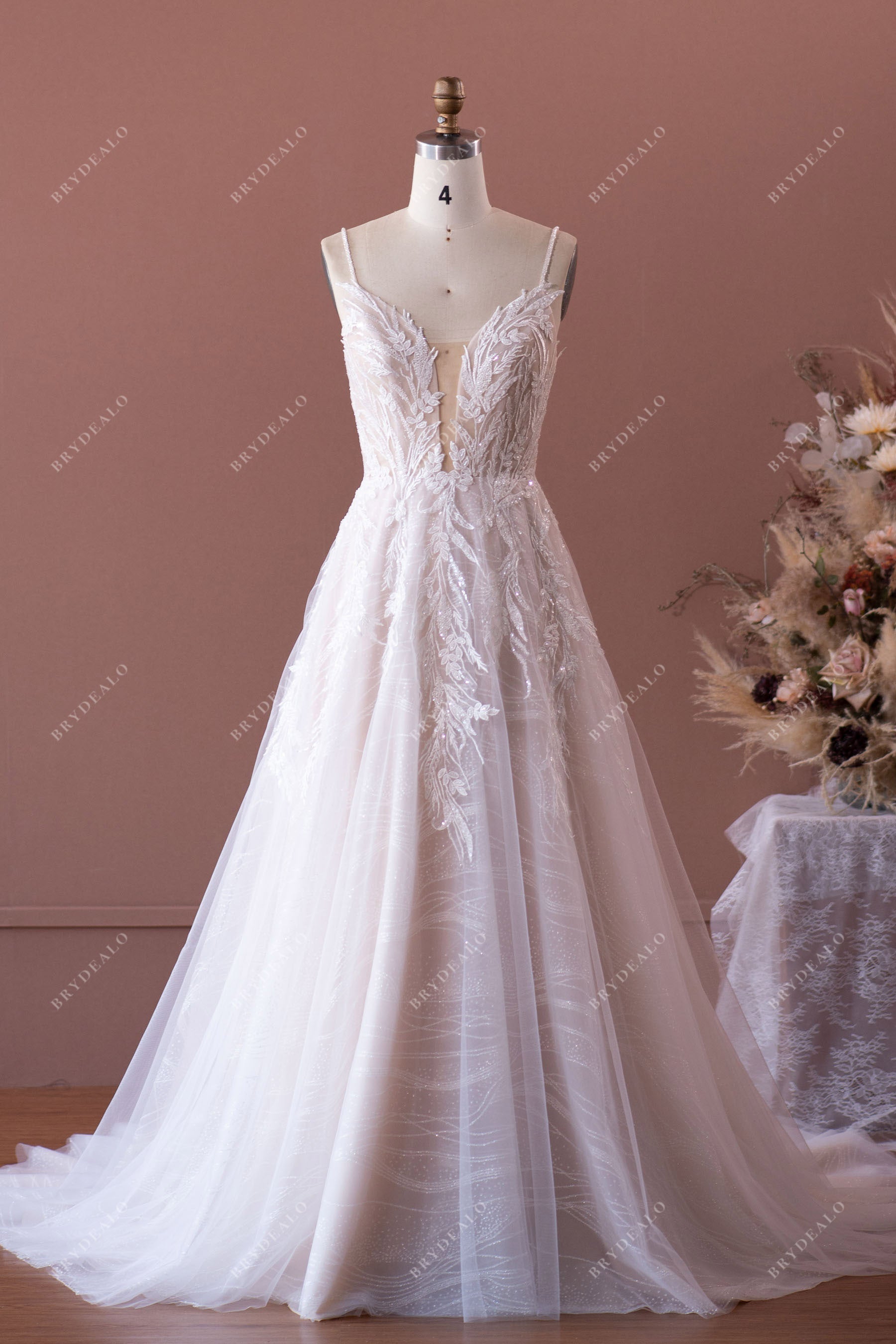Designer Beaded Strap Plunging Lace A-line Wedding Dress