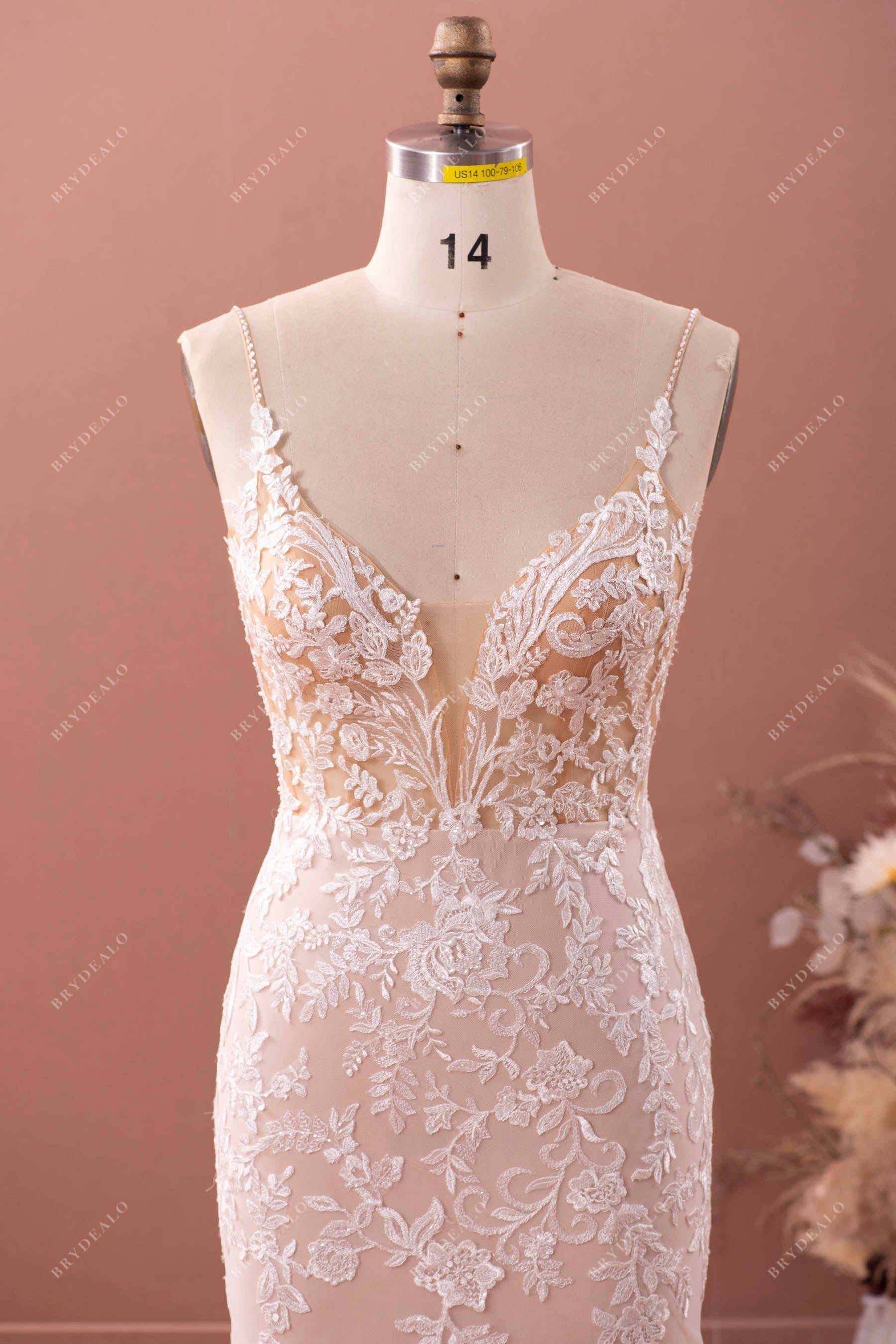 Champagne lace beaded straps plunging wedding dress