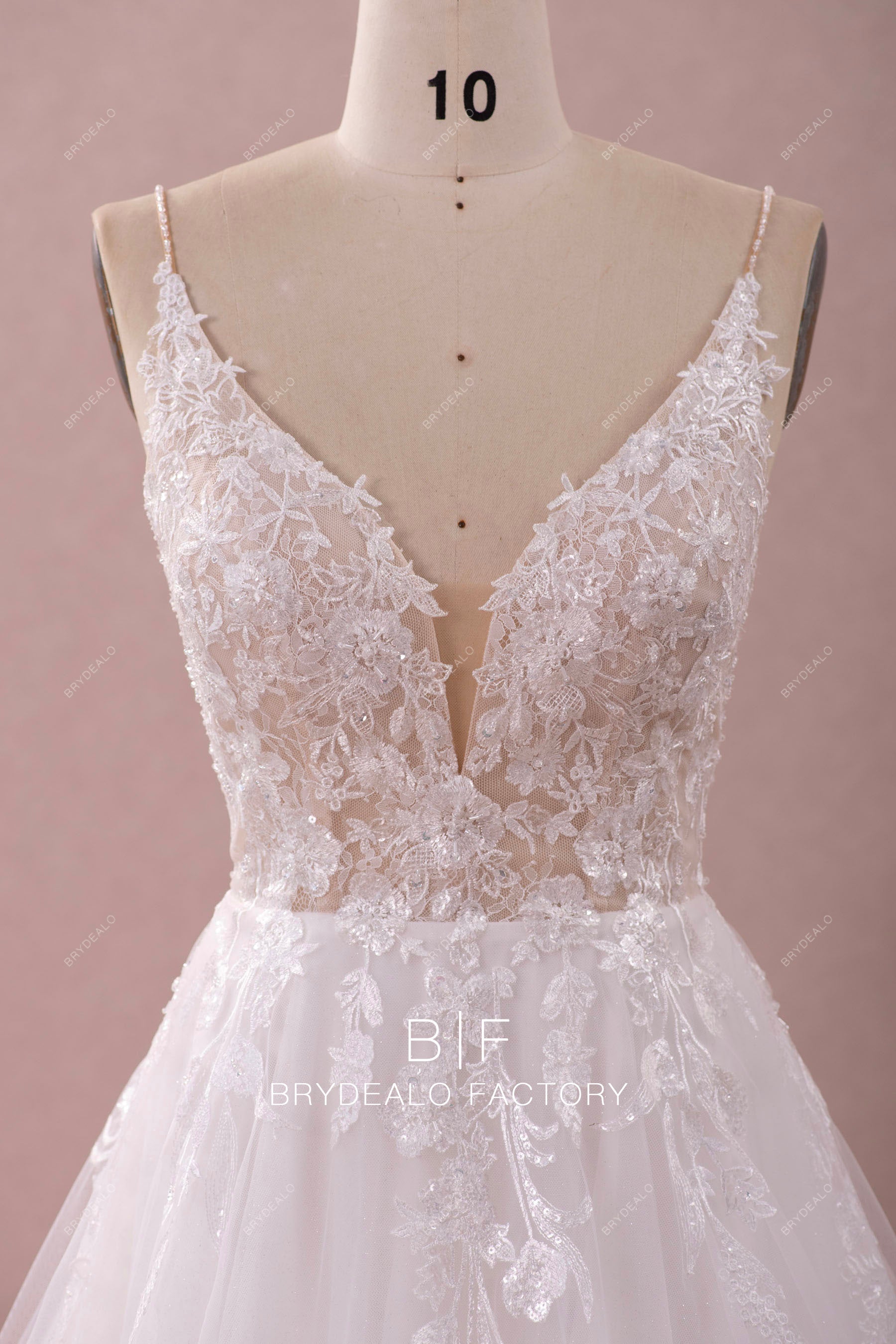 beaded straps plunging neck designer lace sequin wedding dress