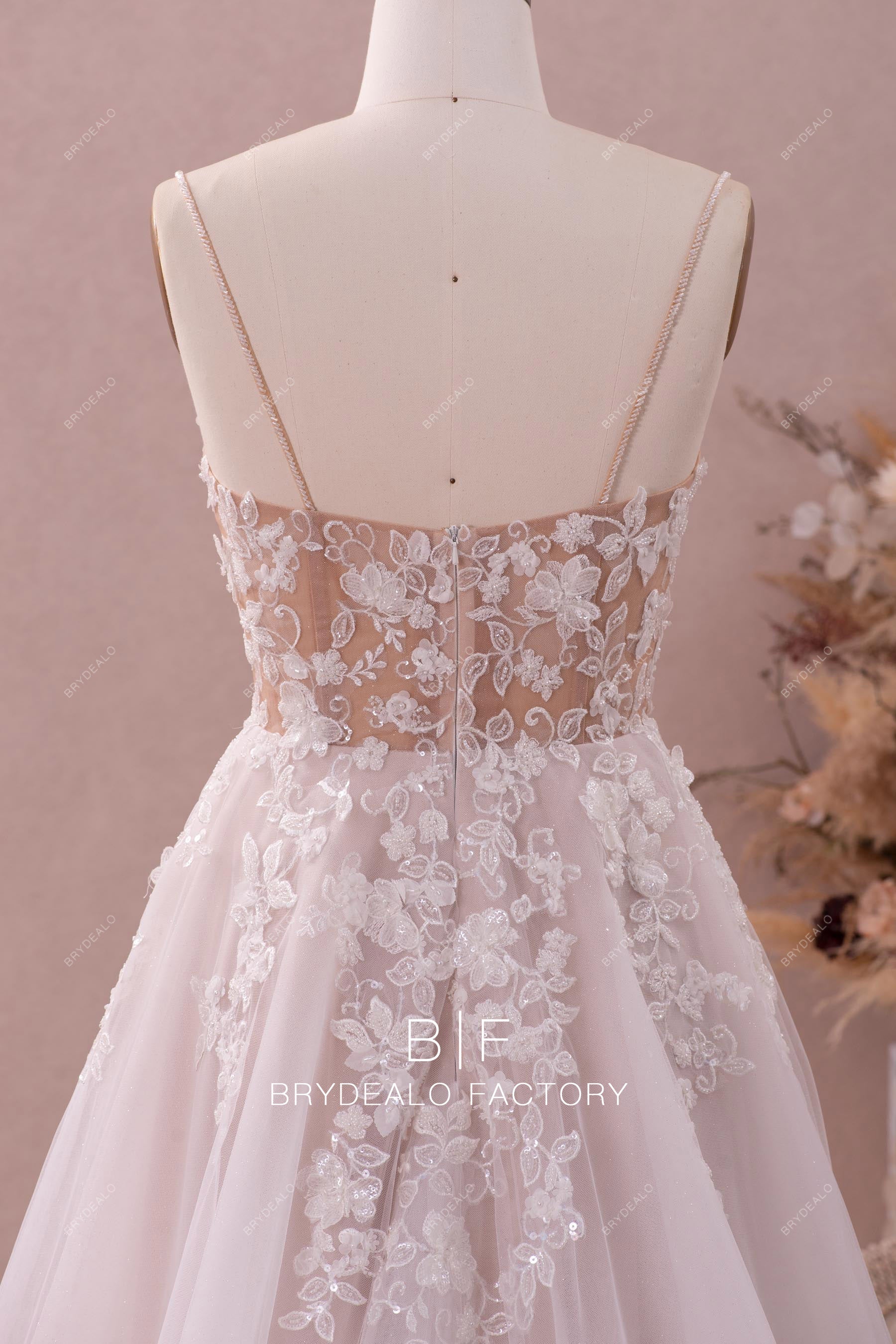 beaded spaghetti straps 3D lace wedding dress