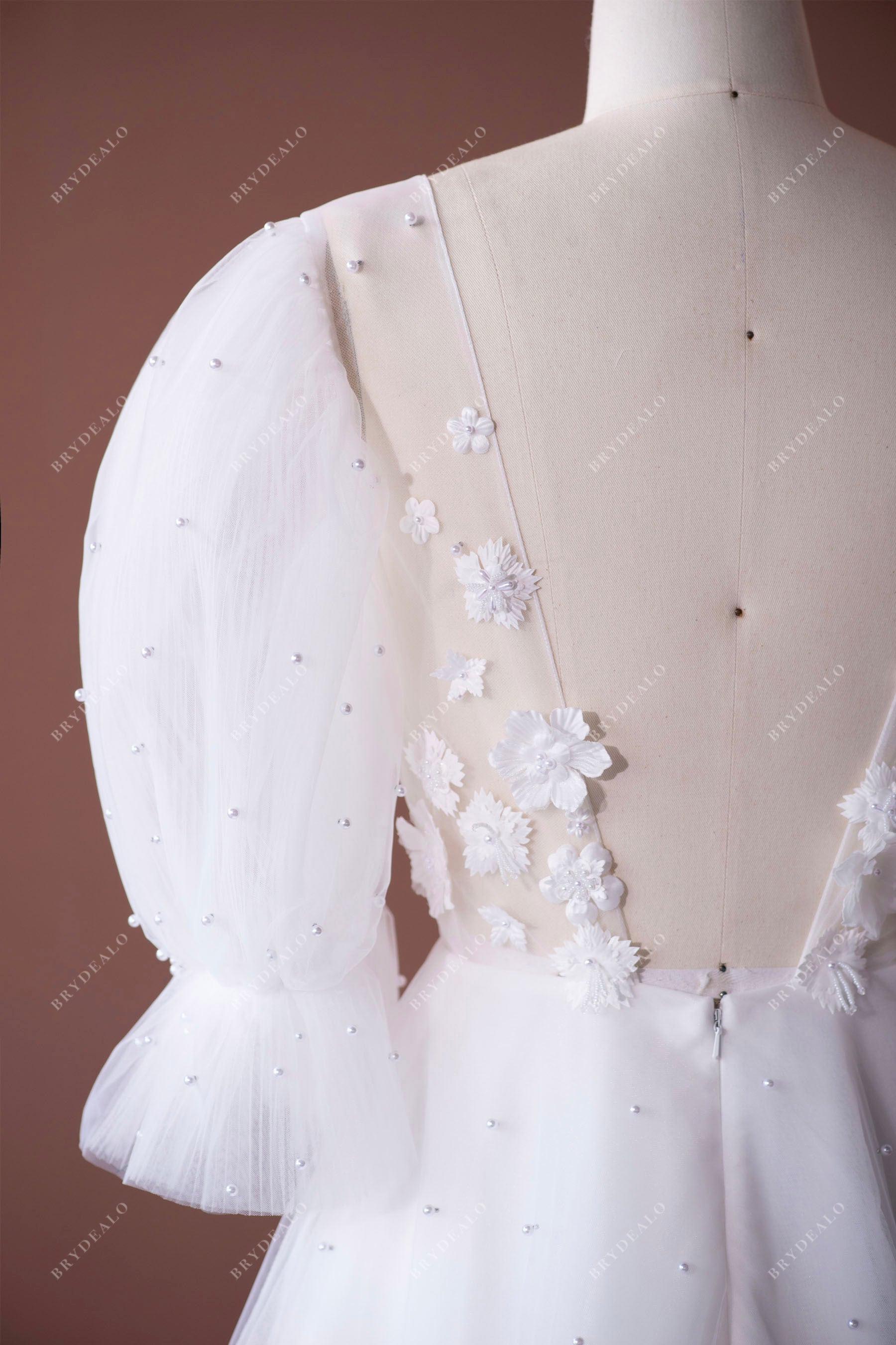 beautiful pearls bubble sleeves wedding gown