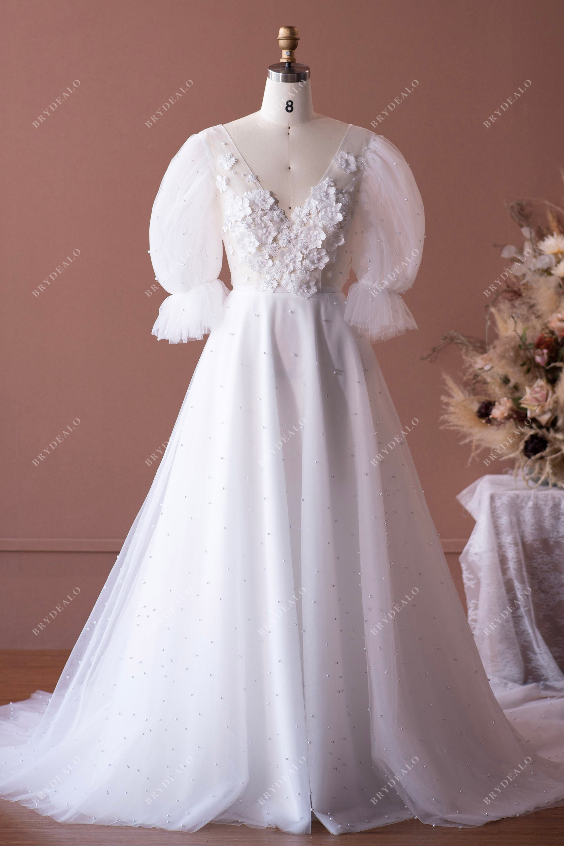 Bubble Sleeve Flower Pearl Tulle A-line Bridal Dress