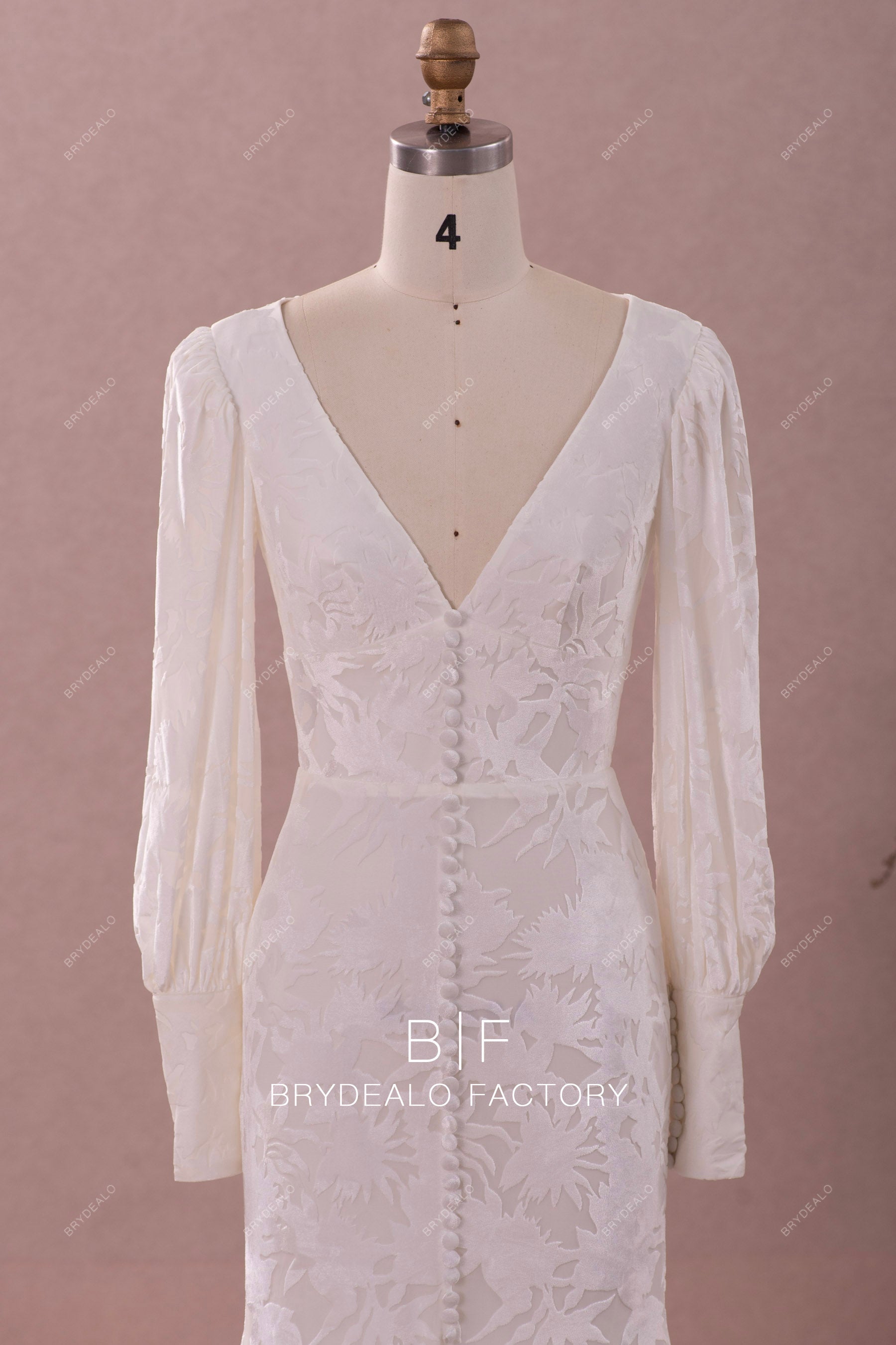 long bell sleeved v-neck designer velvet wedding dress