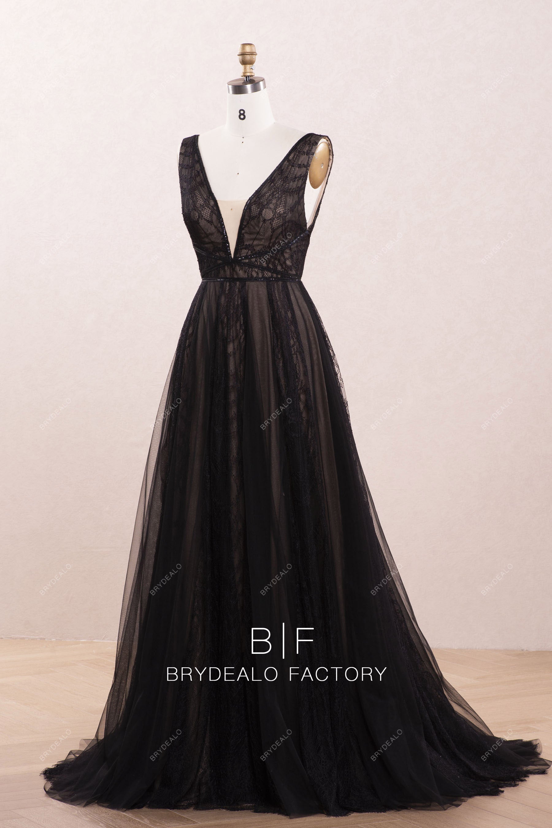 Black Plunging Neck Designer Lace Tulle Bridal Dress Black Plunging Neck Designer Lace Tulle Bridal Dress