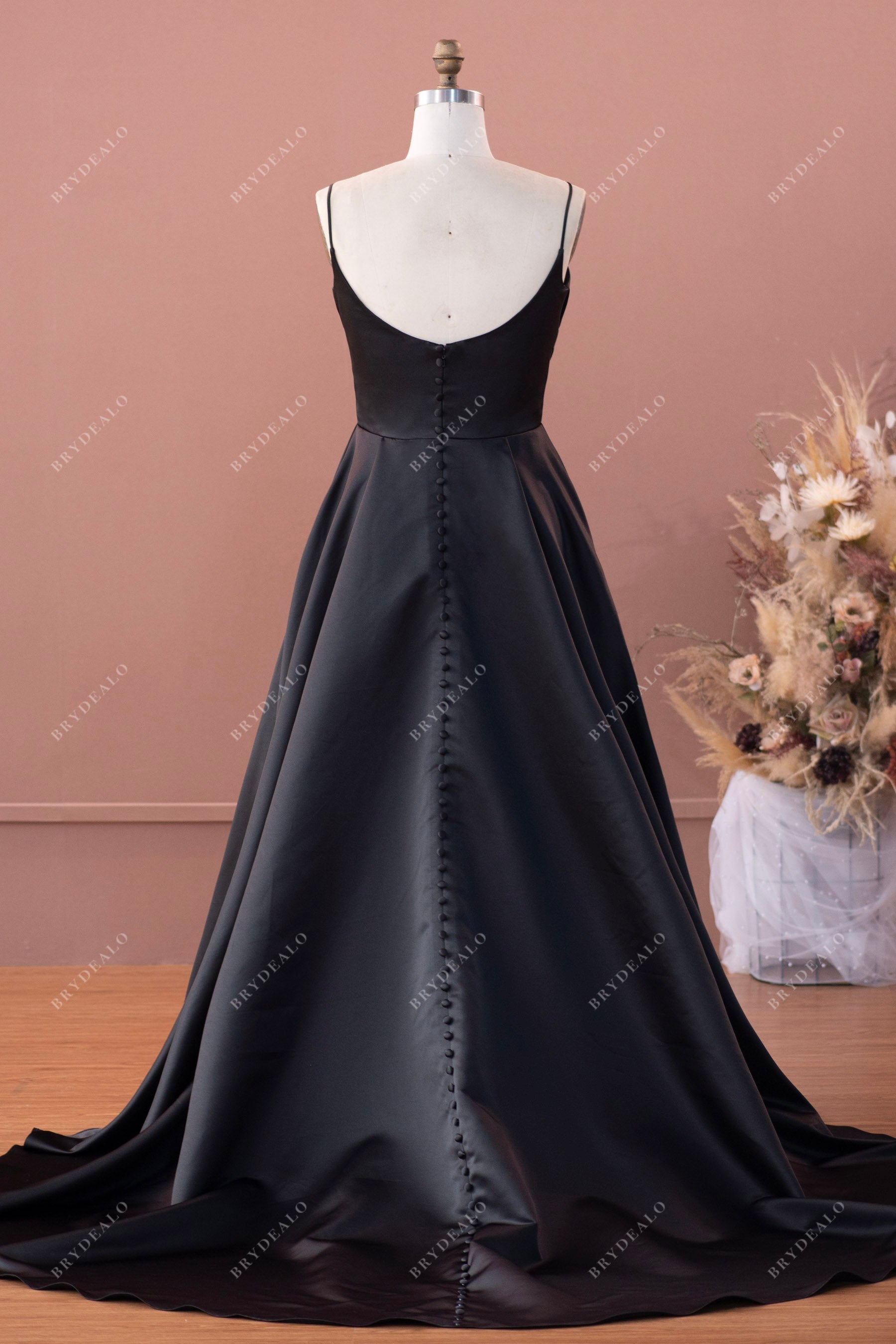 black half open back buttoned satin A-line long wedding dress