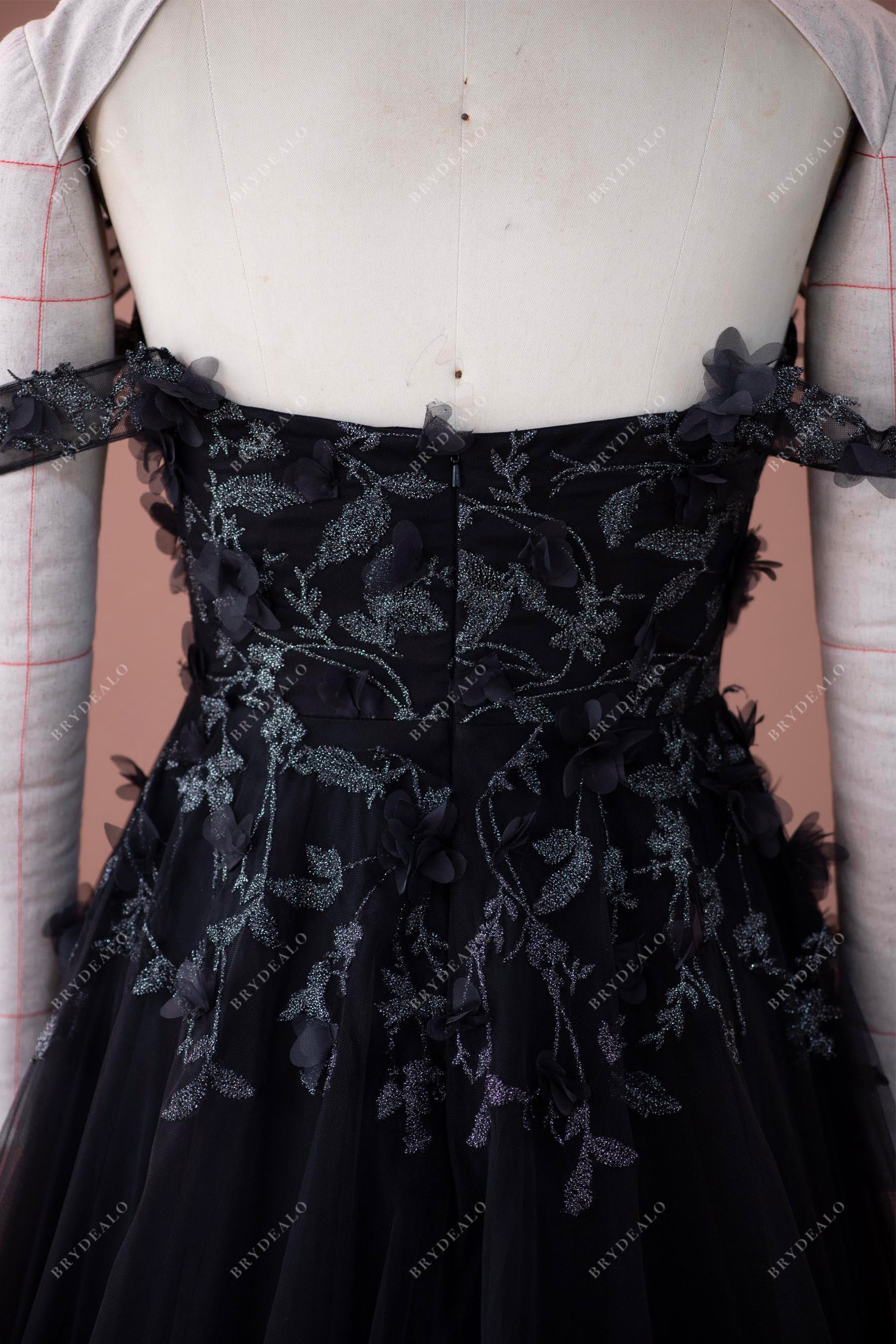 Open back flower black tulle bridal dress