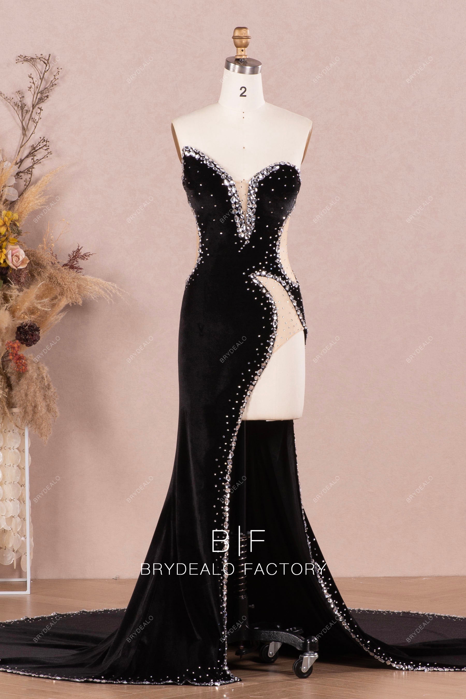 sparkly rhinestones cutout sexy slit prom dress
