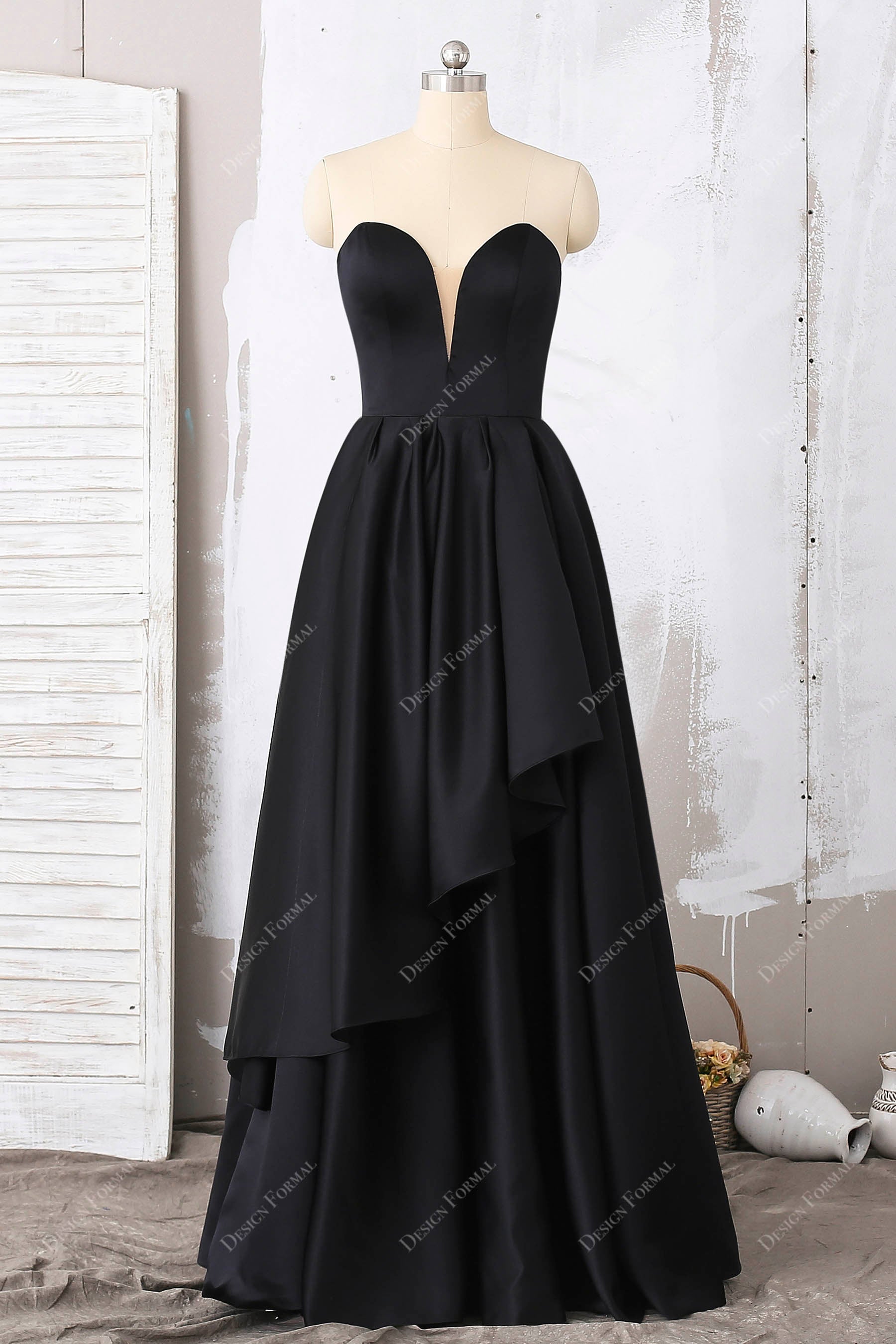 Black Satin Plunging Neck Strapless A-Line Prom Dress