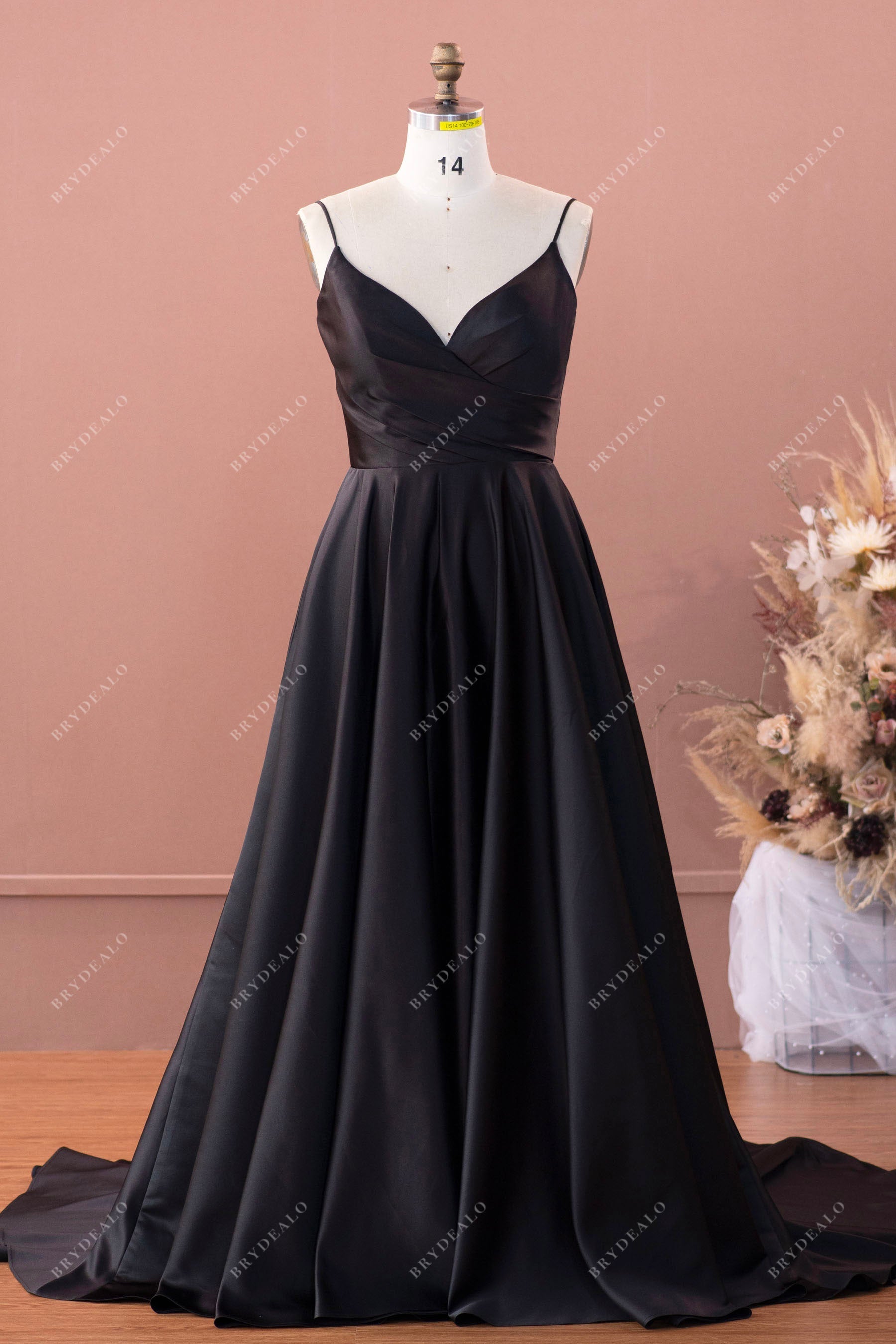 simple black spaghetti straps V-neck pleated A-line long wedding dress