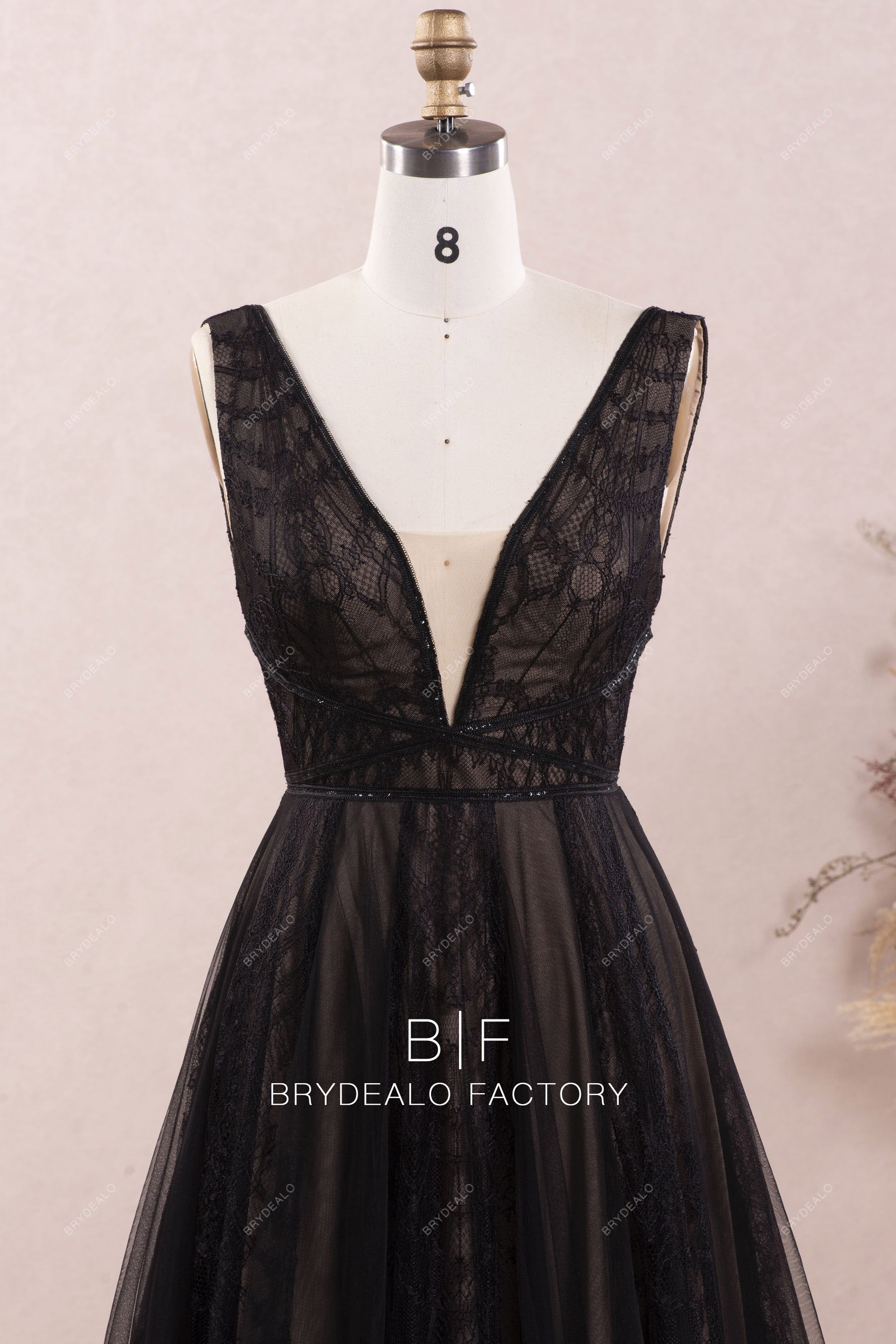 Black Plunging Neck Designer Lace Tulle Bridal Dress Brydealo Black Plunging Neck Designer Lace Tulle Bridal Dress Brydealo