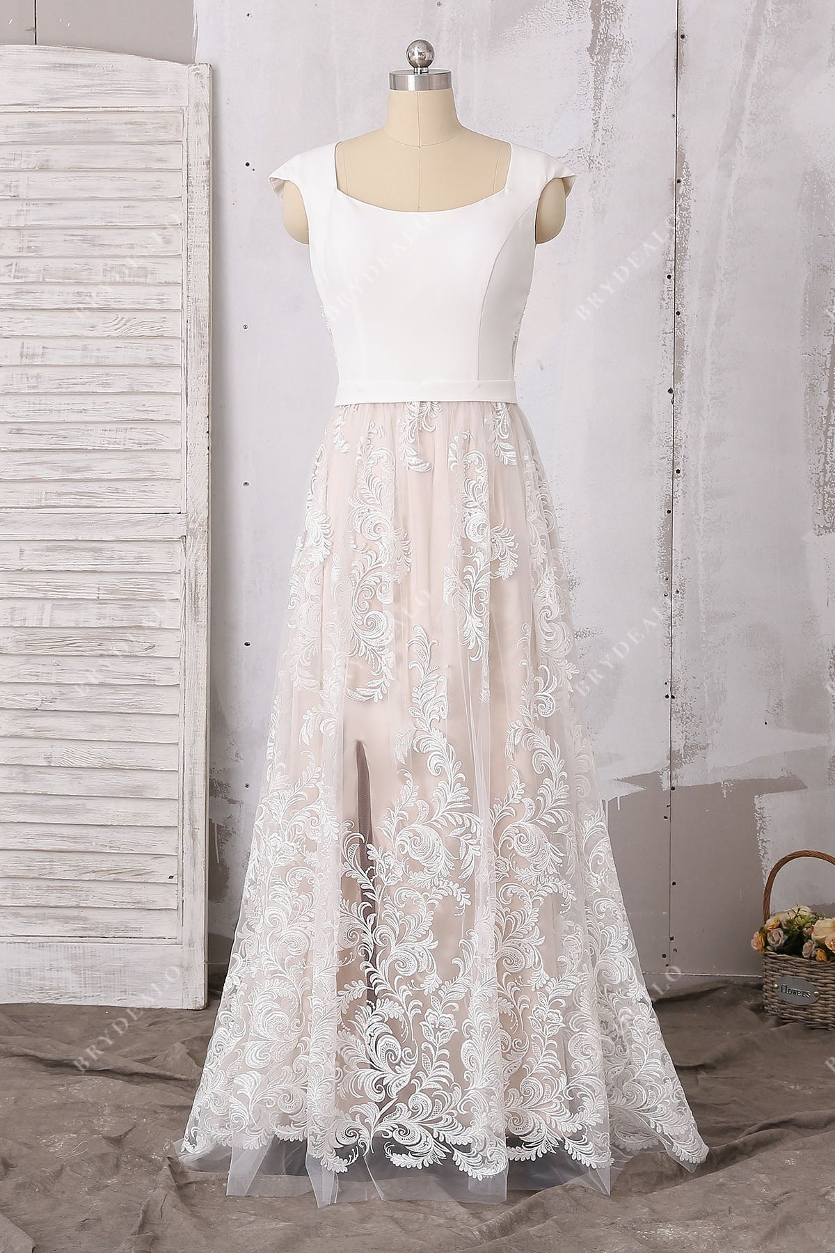 bohemian lace satin cap sleeve inner slit wedding gown