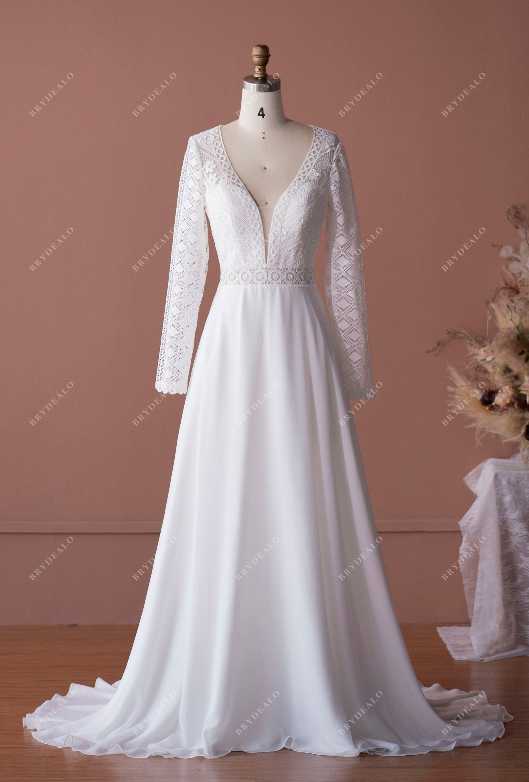 Sleek A-Line Wedding Dress: Geometric Lace, Illusion Sleeves Brydealo Sleek A-Line Wedding Dress: Geometric Lace, Illusion Sleeves Brydealo